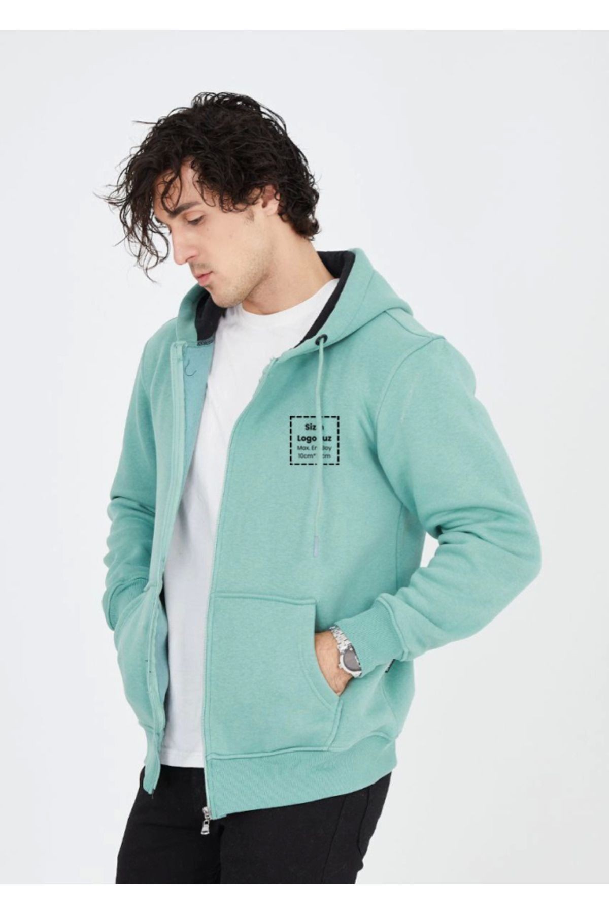 Unisex Tam Fermuarlı Kapşonlu Özel Tasarım SweatShirt - Mint Yeşili