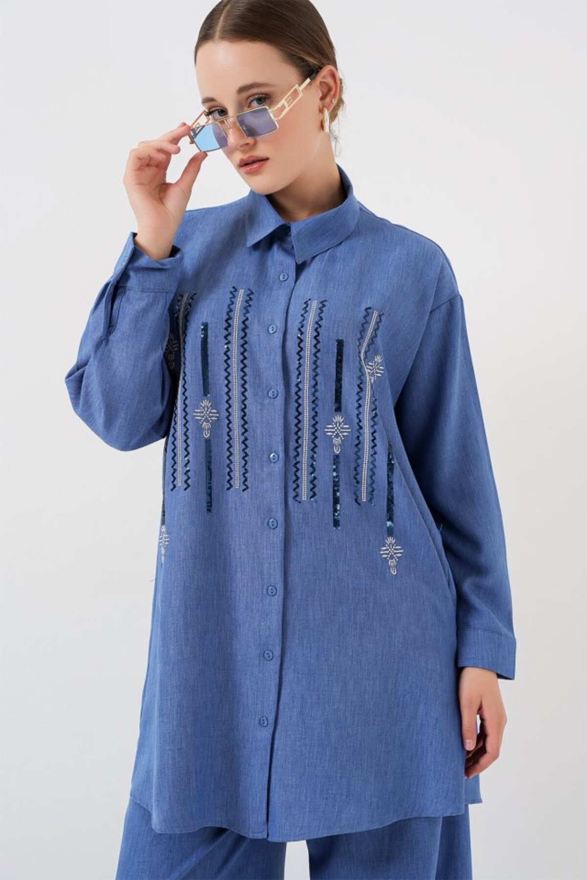 cottonLab Desenli Tunik Pantolon İkili Takım 6720 - İndigo