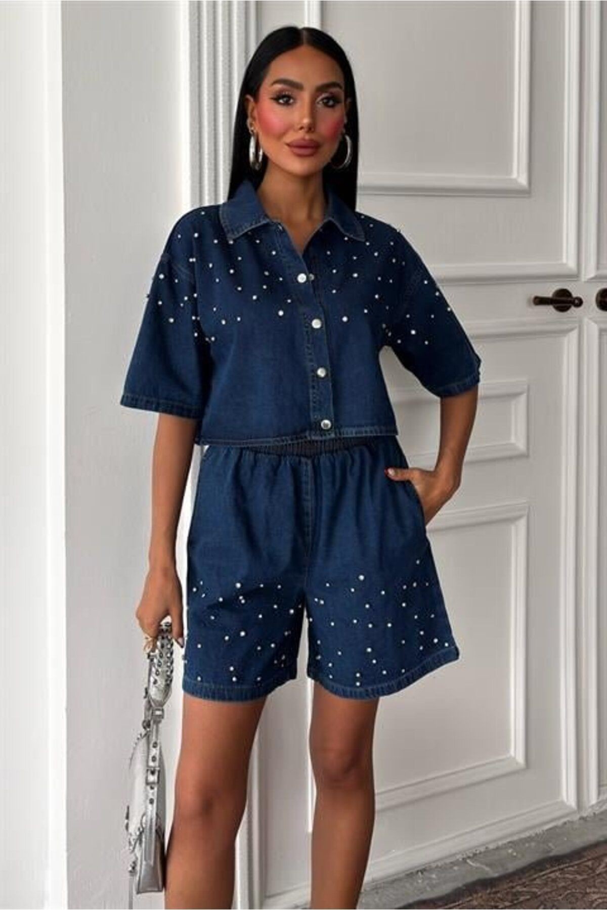Taş Detaylı Gömlek Şort Denim Takım