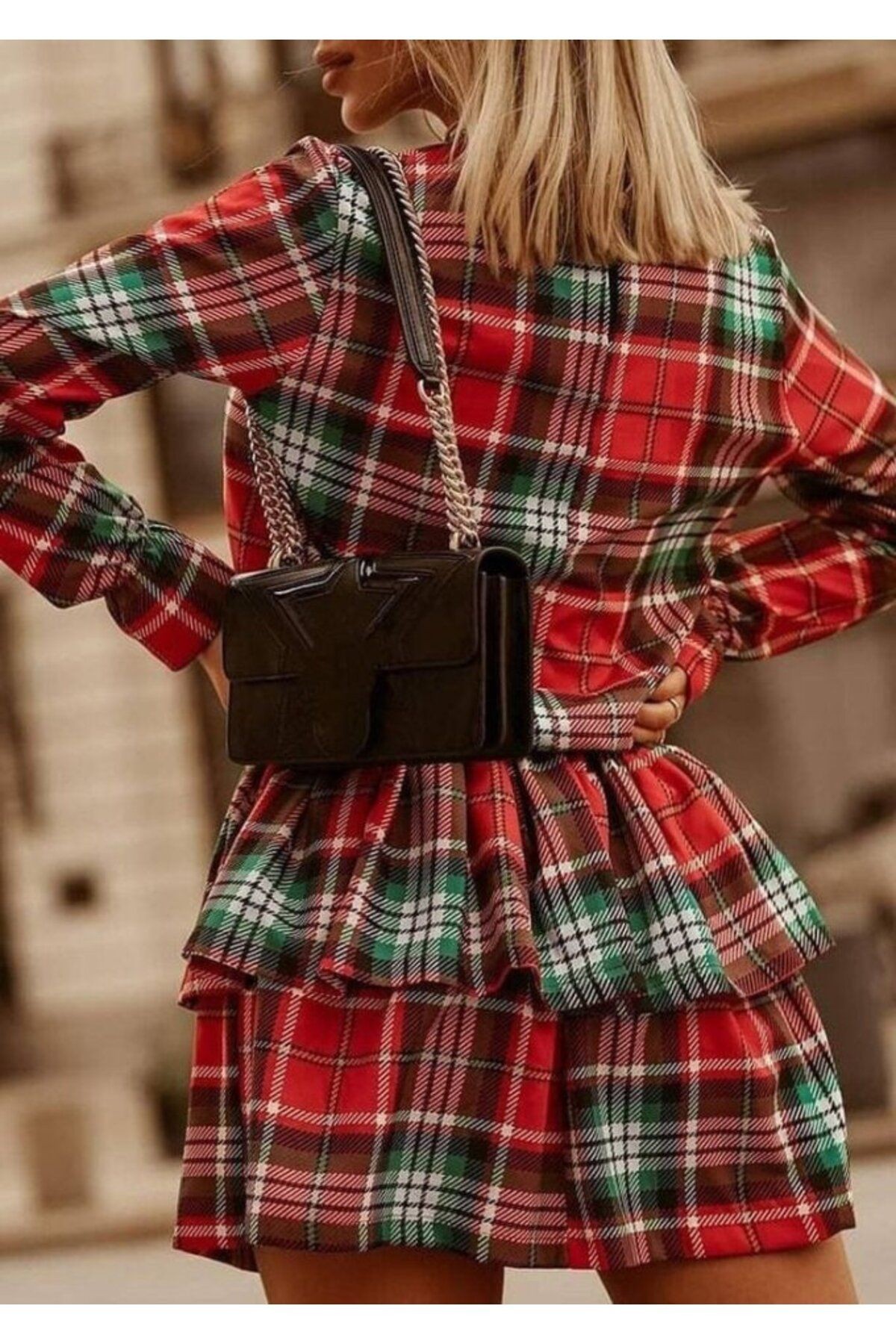 Kadın Ekose Kumaş Dijital Baskılı Uzun Kollu Mini Boy Elbise