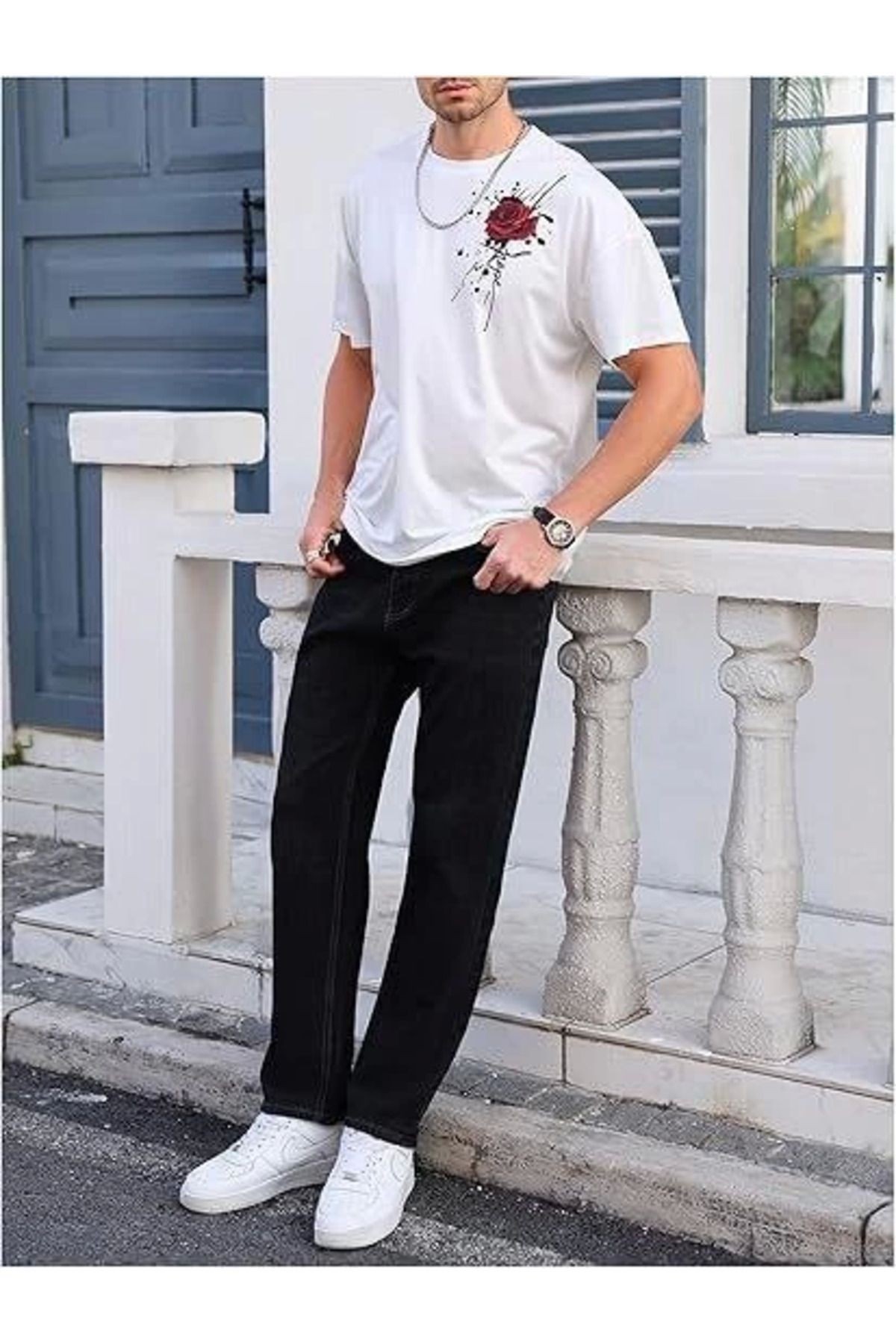Erkek Bisiklet Yaka Kısa Kol Baskılı T-shirt - Beyaz
