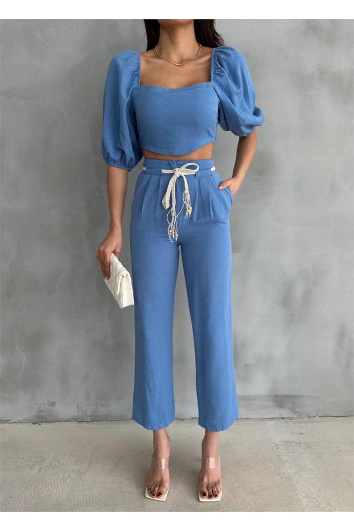 KETEN CROP KARPUZ KOL BLUZ-PANTOLON HASIR KEMERLİ - Mavi