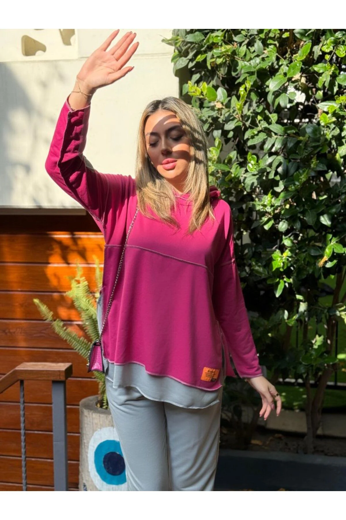 Kadın Indigo Kapşonlu Etek Ucu Detay Arma Ters Dikiş Gorunumlu Ikili Takım