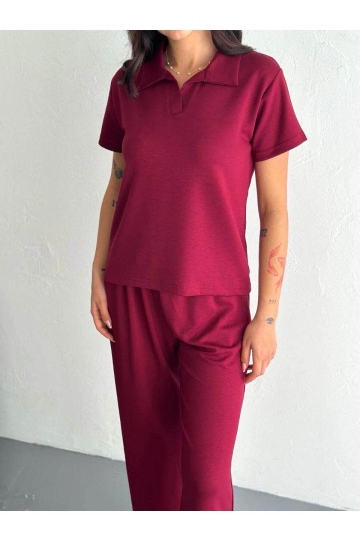 Osy Modal Yumuşak Dokulu Kumaş Kısa Kollu Yakalı T-shirt Pantalon Ikili Takım- Bordo