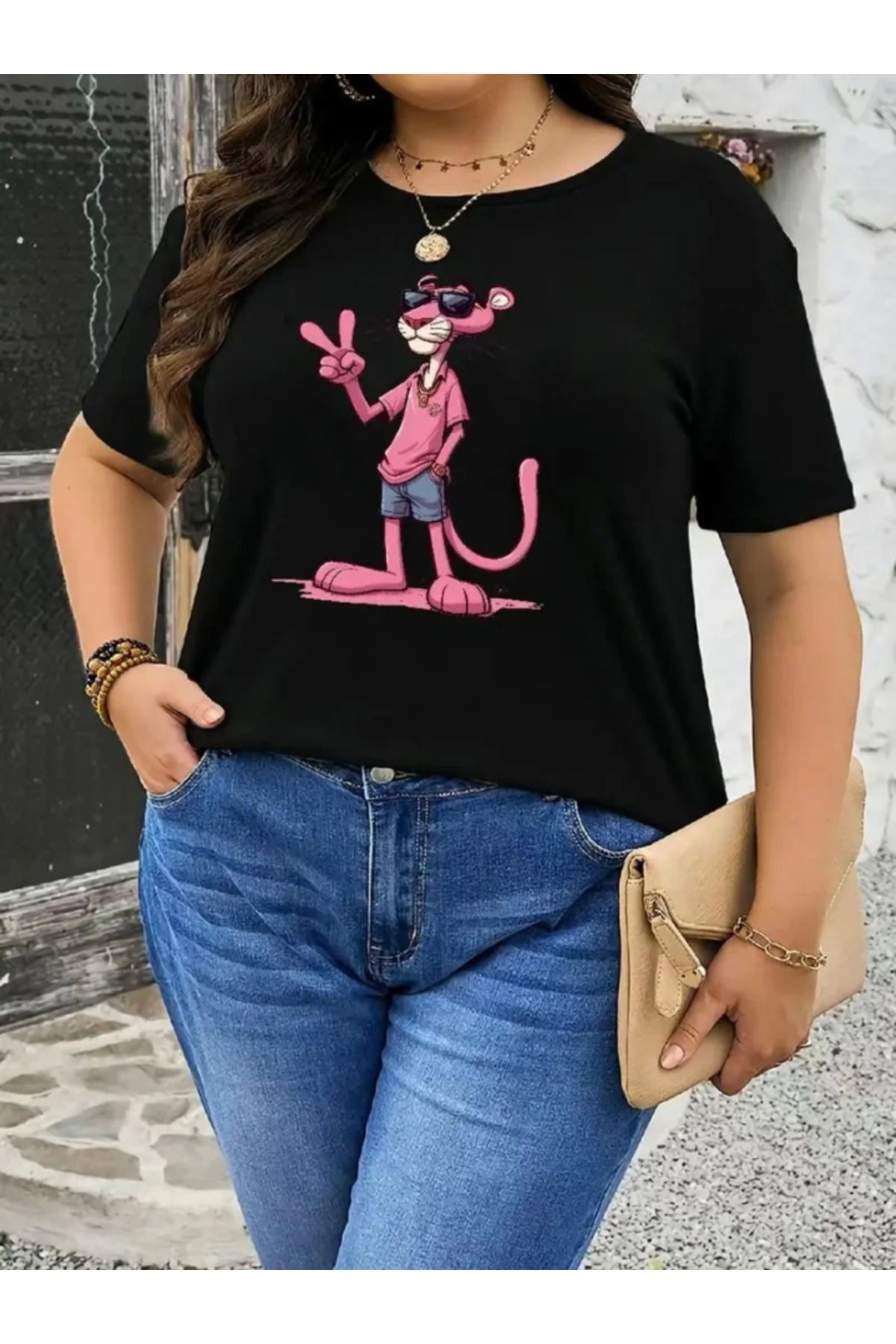 Pembe Panter Baskılı Oversize Bisiklet Yaka T-shirt - Beyaz