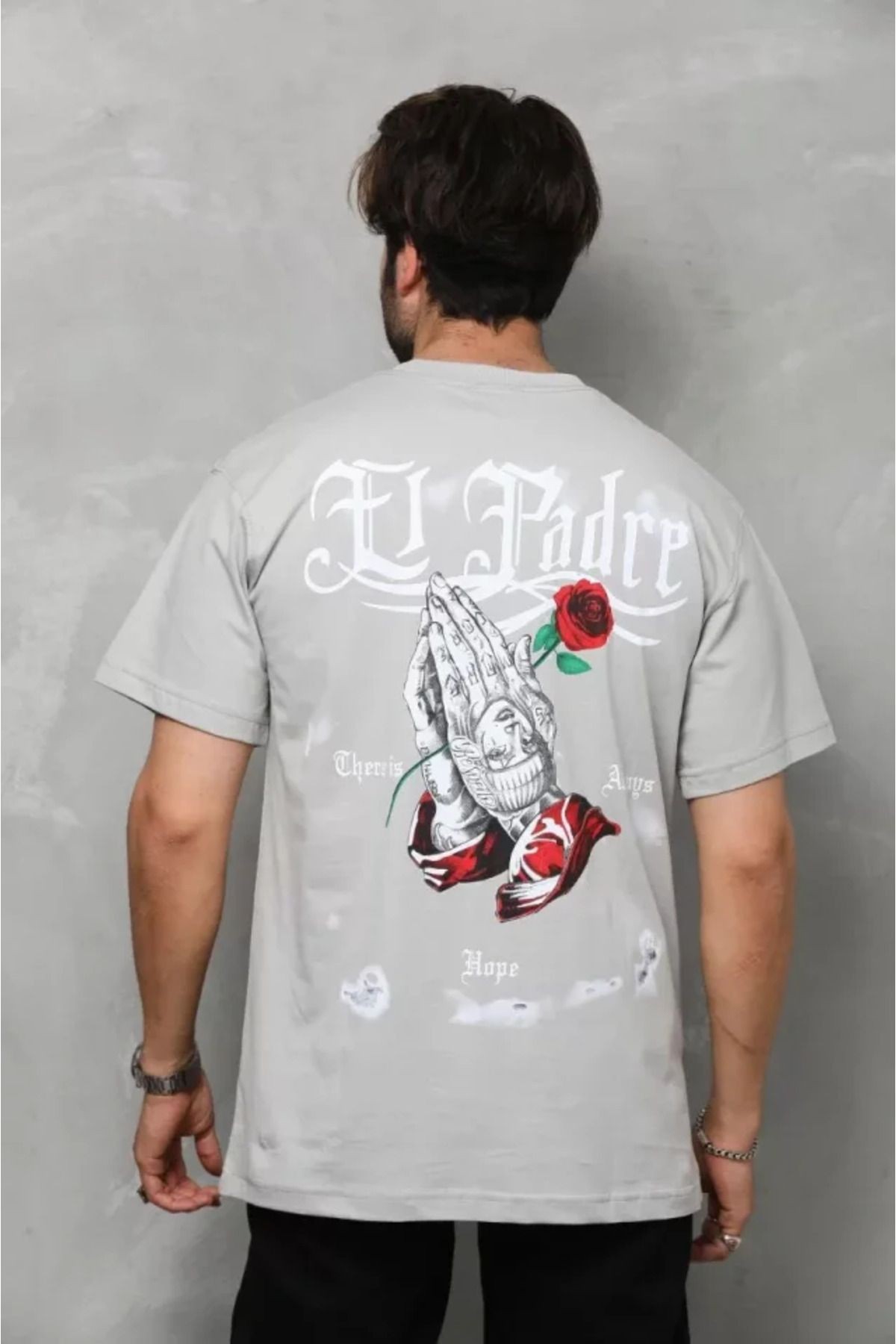 Unisex Bisiklet Yaka Baskılı Oversize T-Shirt - Gri
