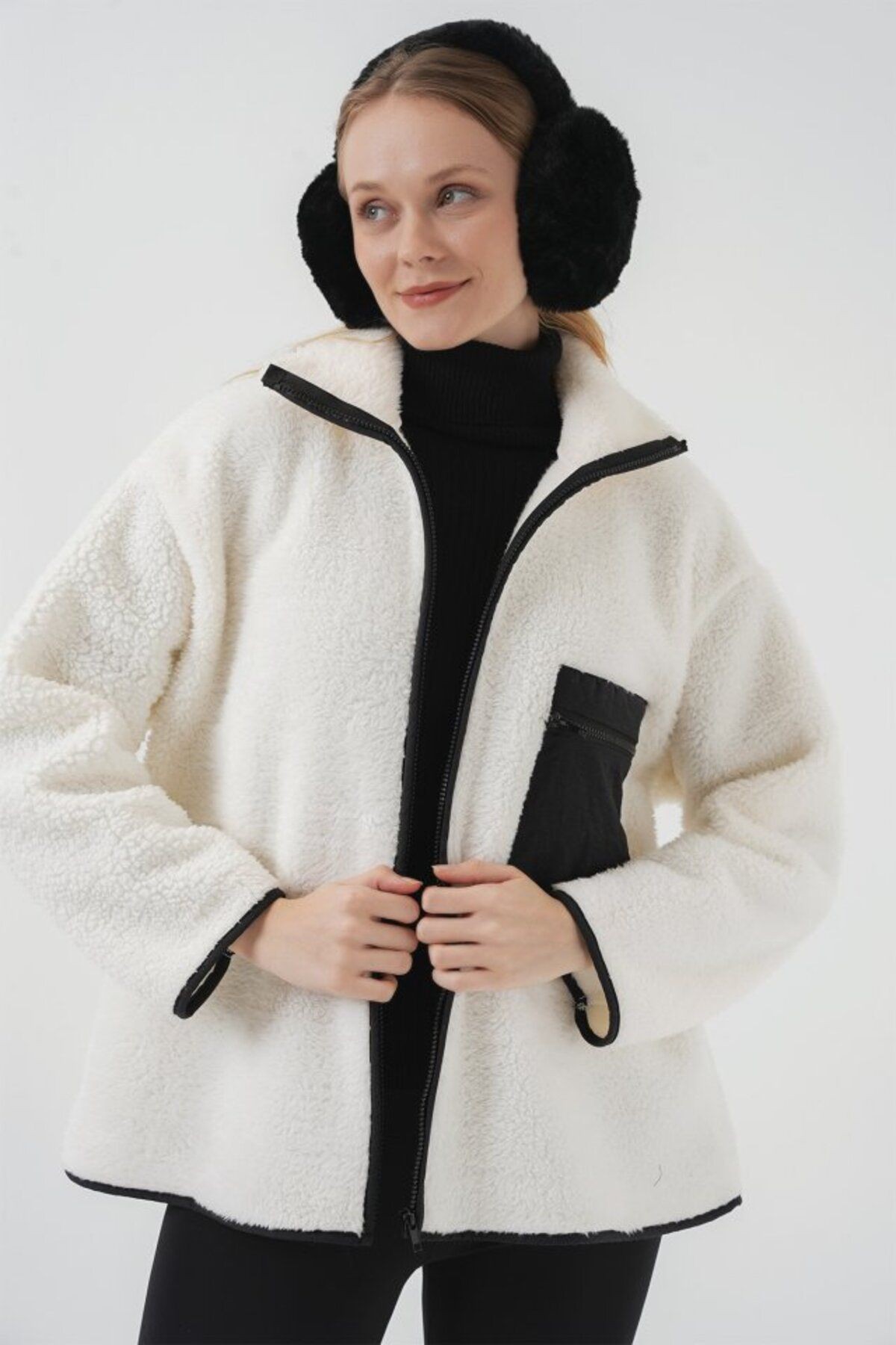 55446 Fermuarlı Oversize Peluş Ceket - Saks