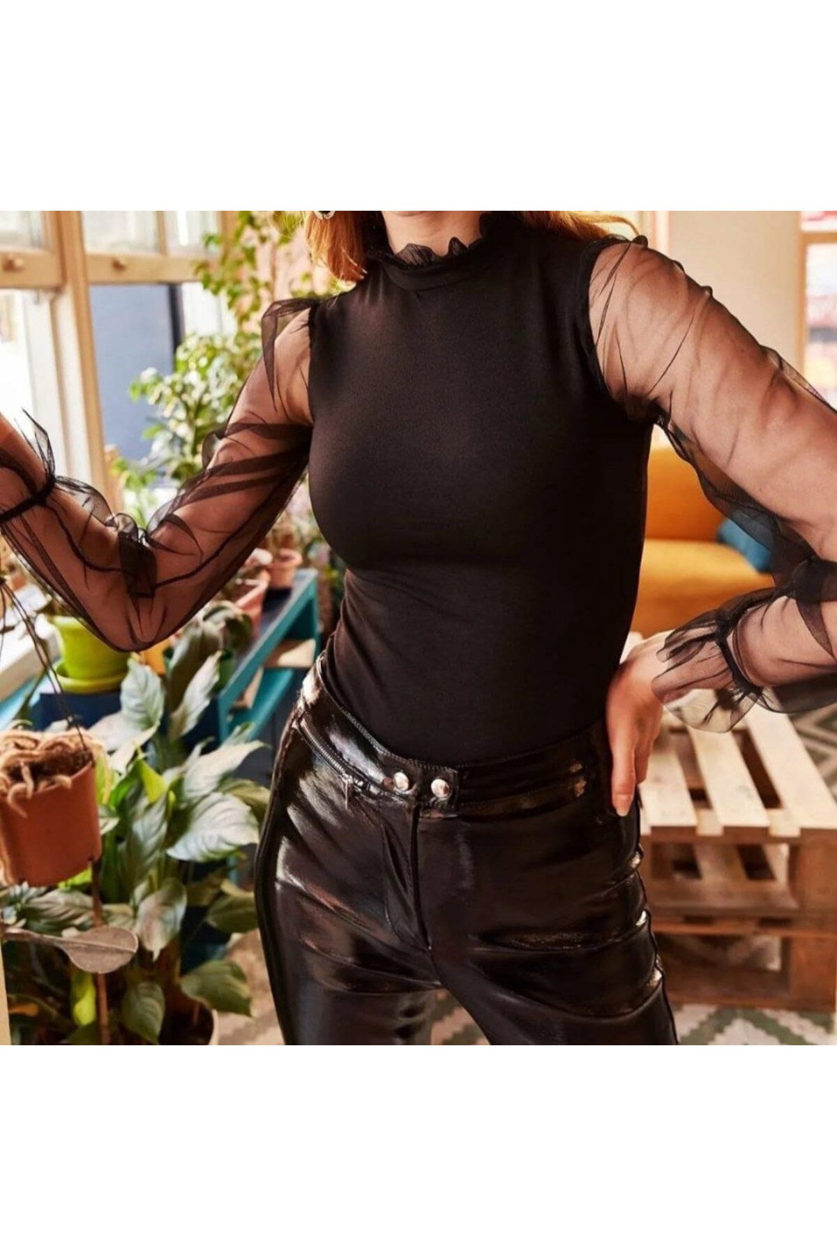 Kadın Kolları Tül Detaylı örme Krep Kumaş Bluz