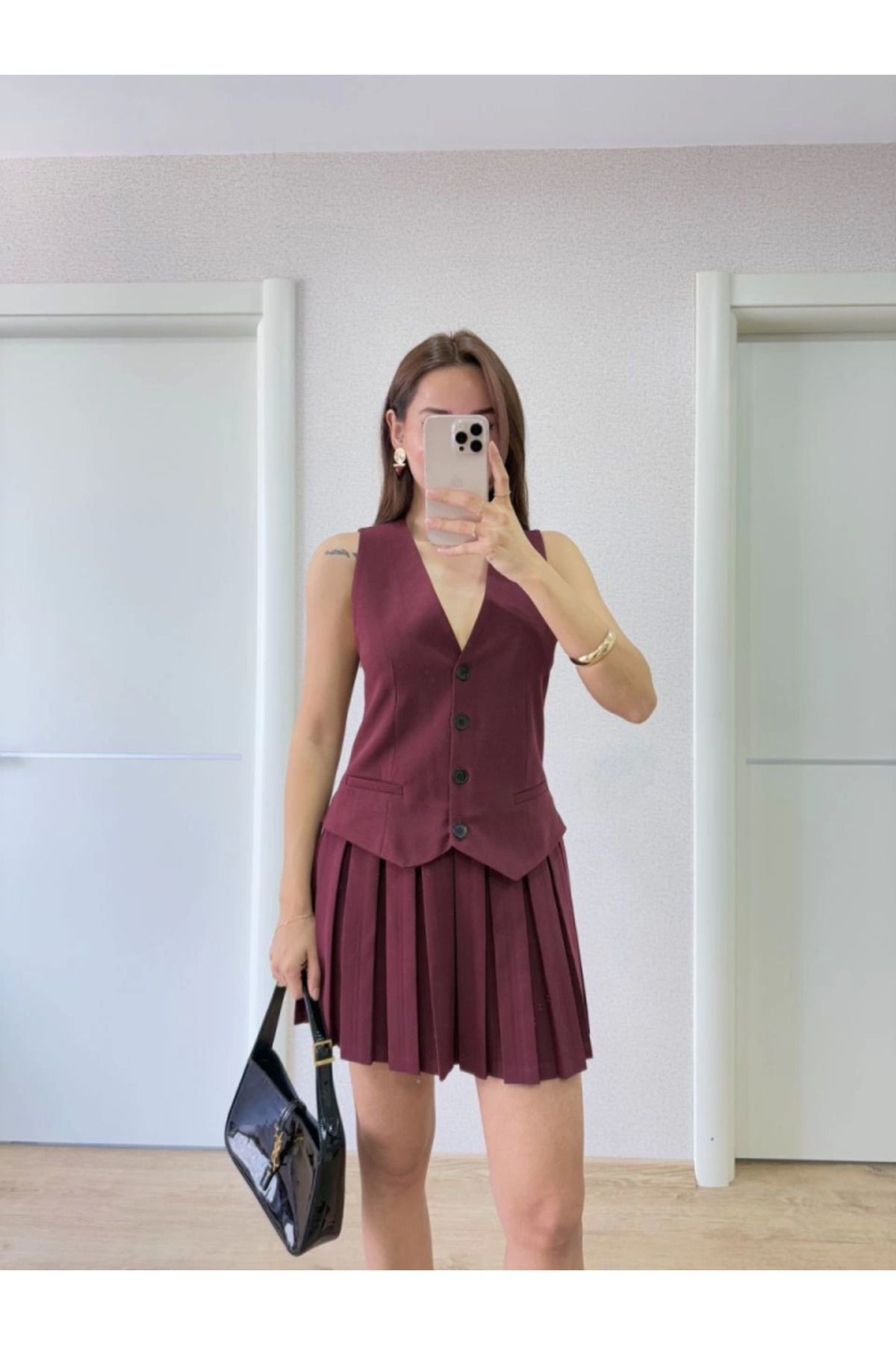 Takım Görünümlu Yelekli Mini Elbise- Bordo