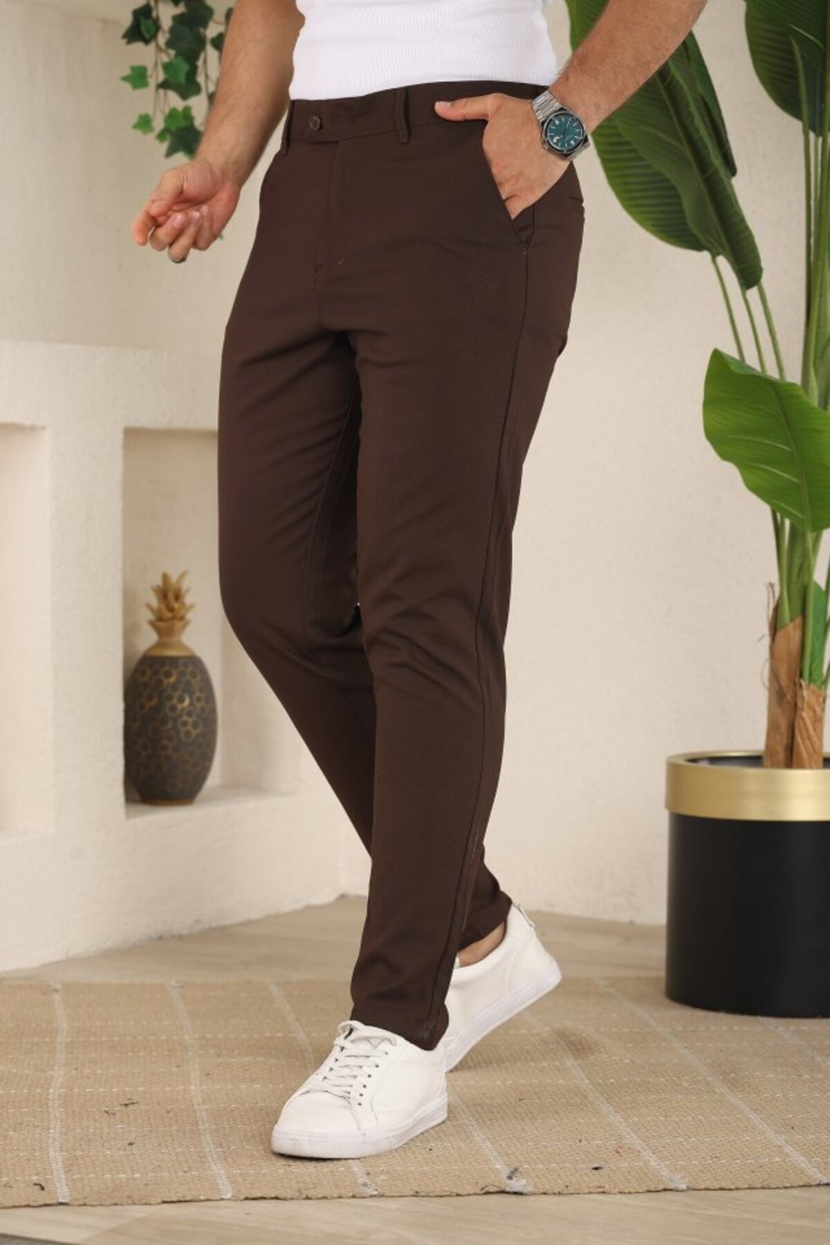 Erkek Slim Fit Likralı Bilek Boy Dilli Kumaş Pantolon