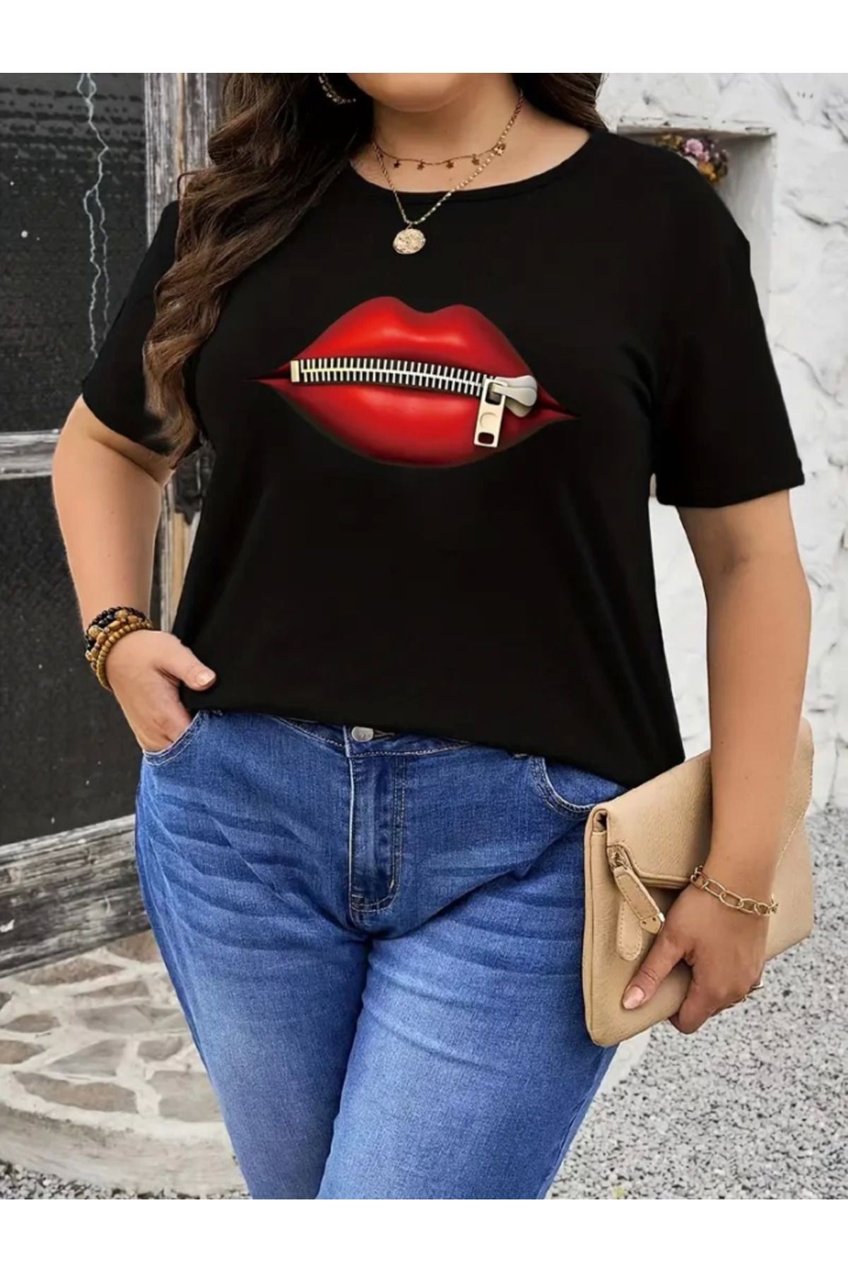 Baskılı Oversize Bisiklet Yaka T-shirt - Siyah