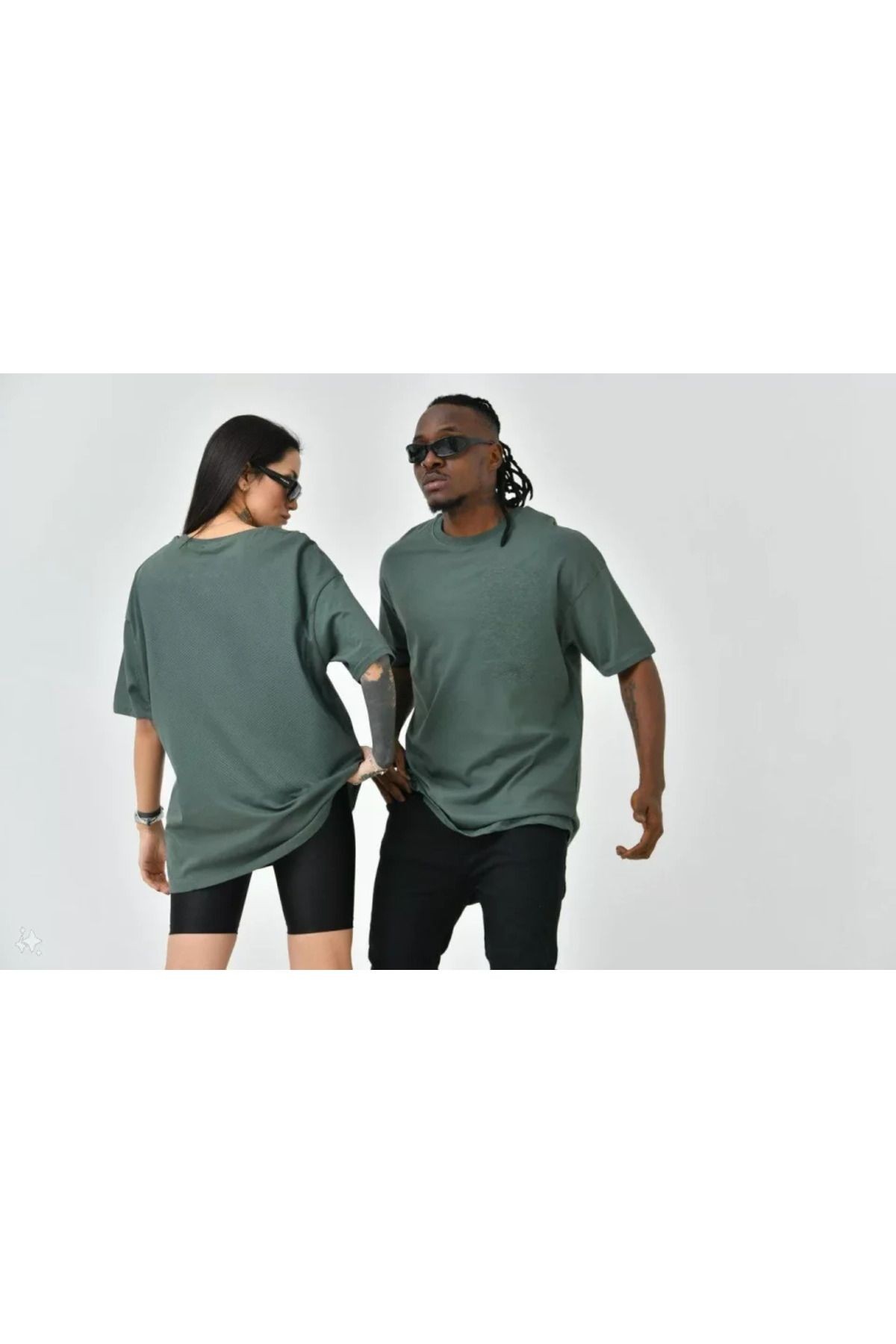 Unisex Basic Bisiklet Yaka Oversize T-Shirt - Haki