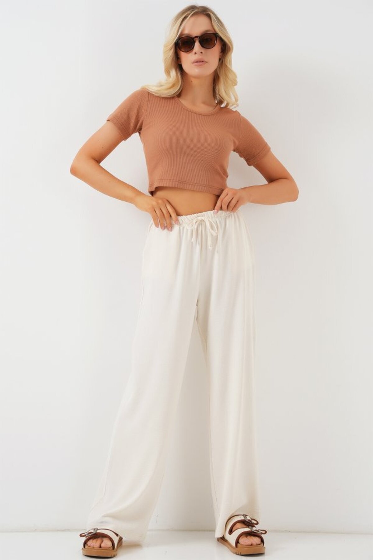 cottonLab Yüksek Bel Bol Paça Pantolon - Krem