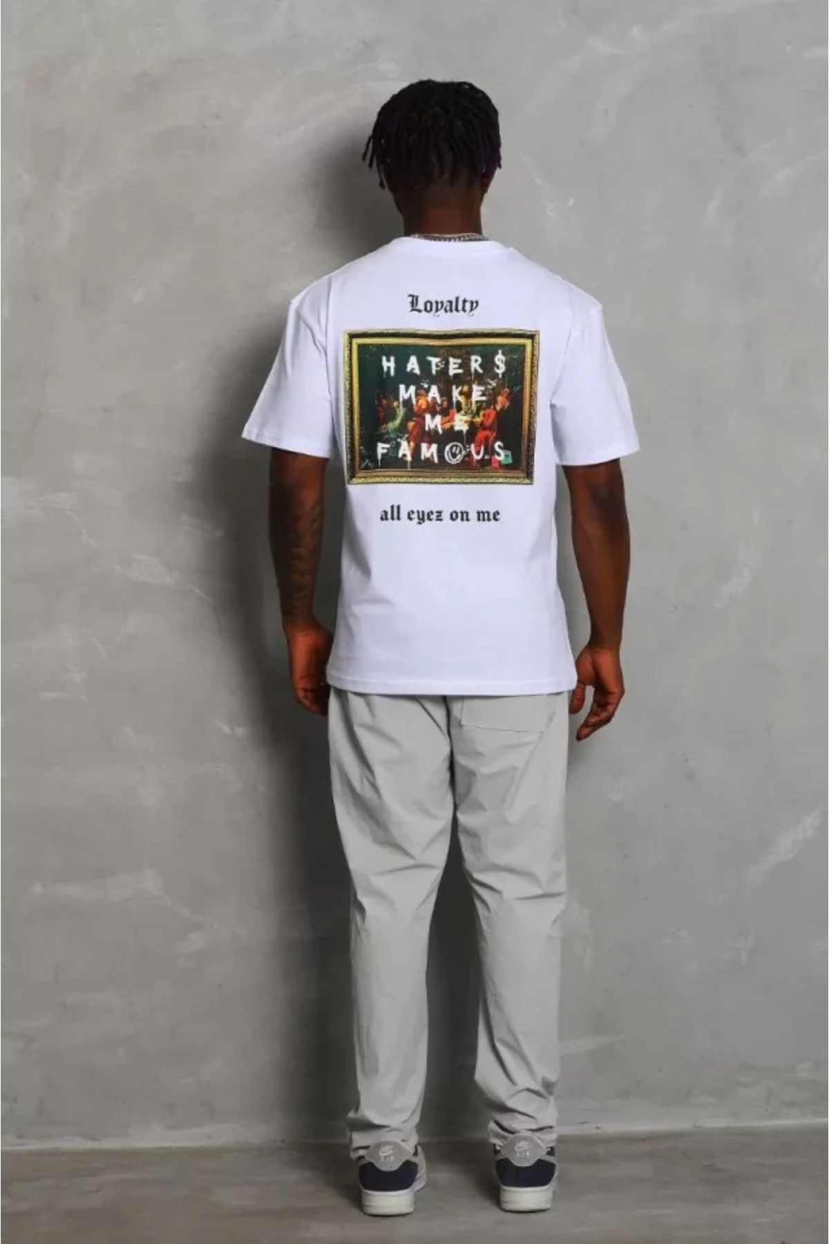 Unisex Oversize Baskılı Bisiklet Yaka T-Shirt - Beyaz