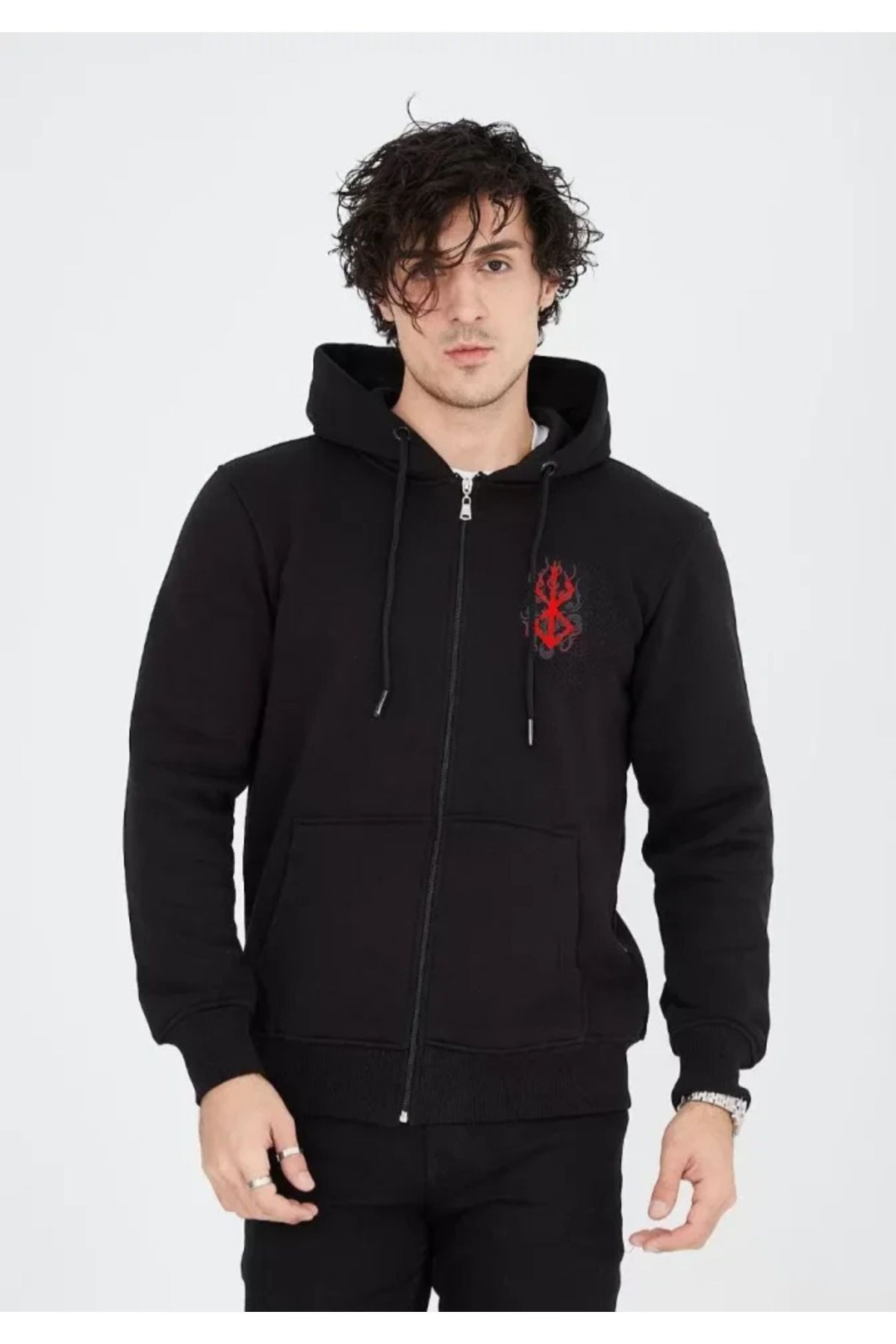 Unisex Baskılı Tam Fermuarlı Kapşonlu SweatShirt - Siyah
