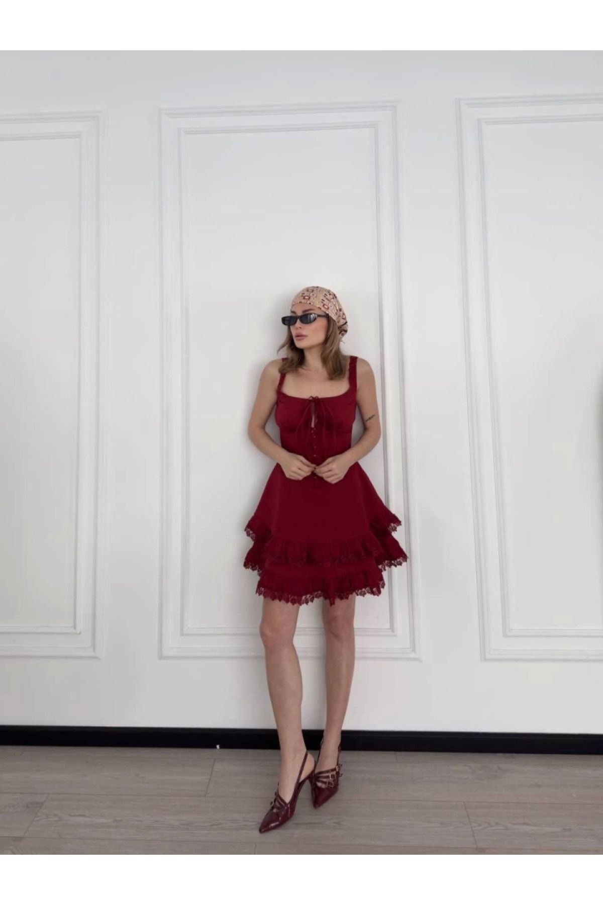 Fırfırlı Askılı Mini Elbise - Bordo