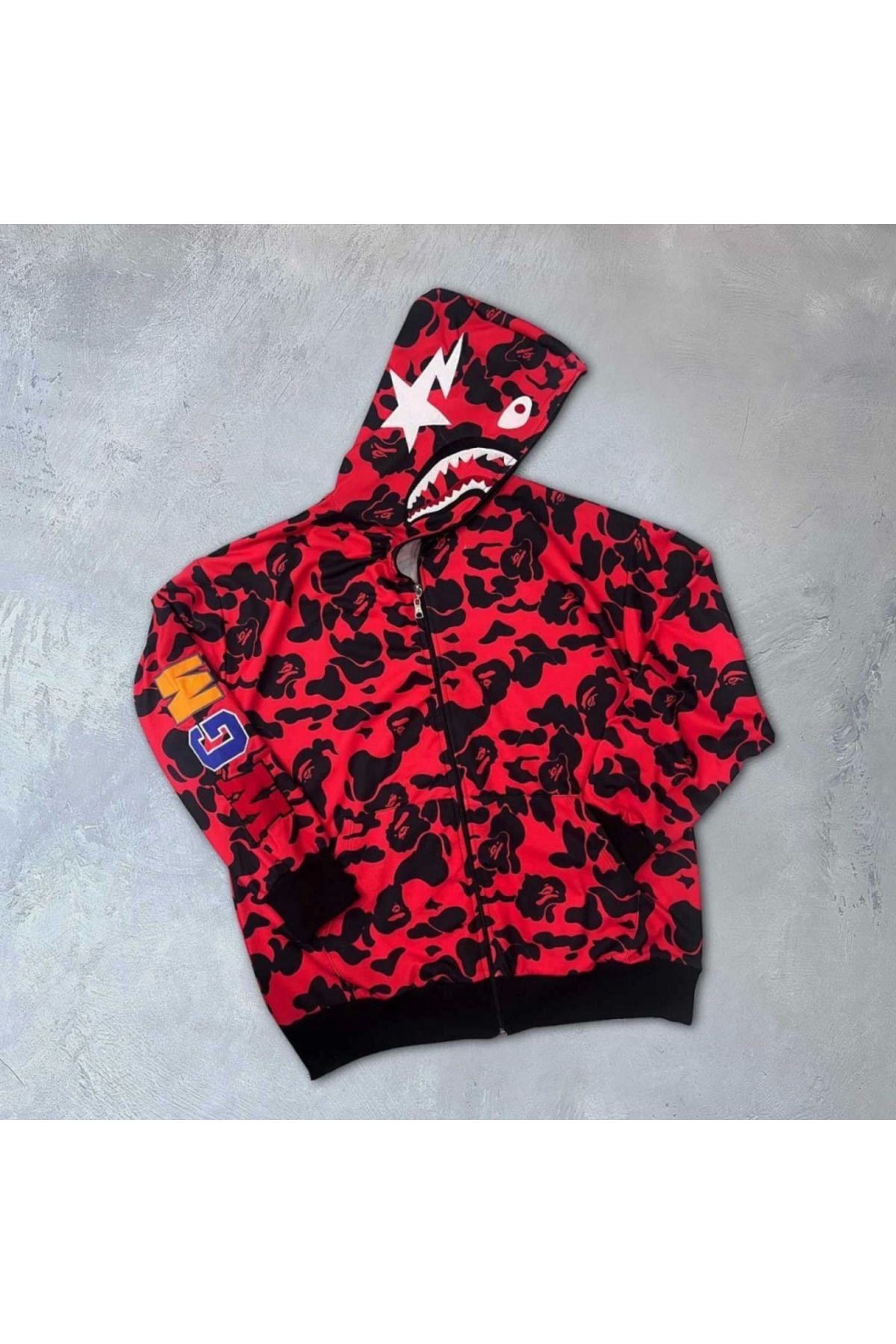Unisex 2 İplik Bape Kapüşonu Fermuarlı Hırka - Kırmızı