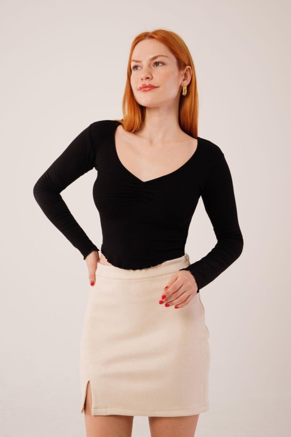 Geniş Yaka Bebe Mavisi Basic Body Bluz