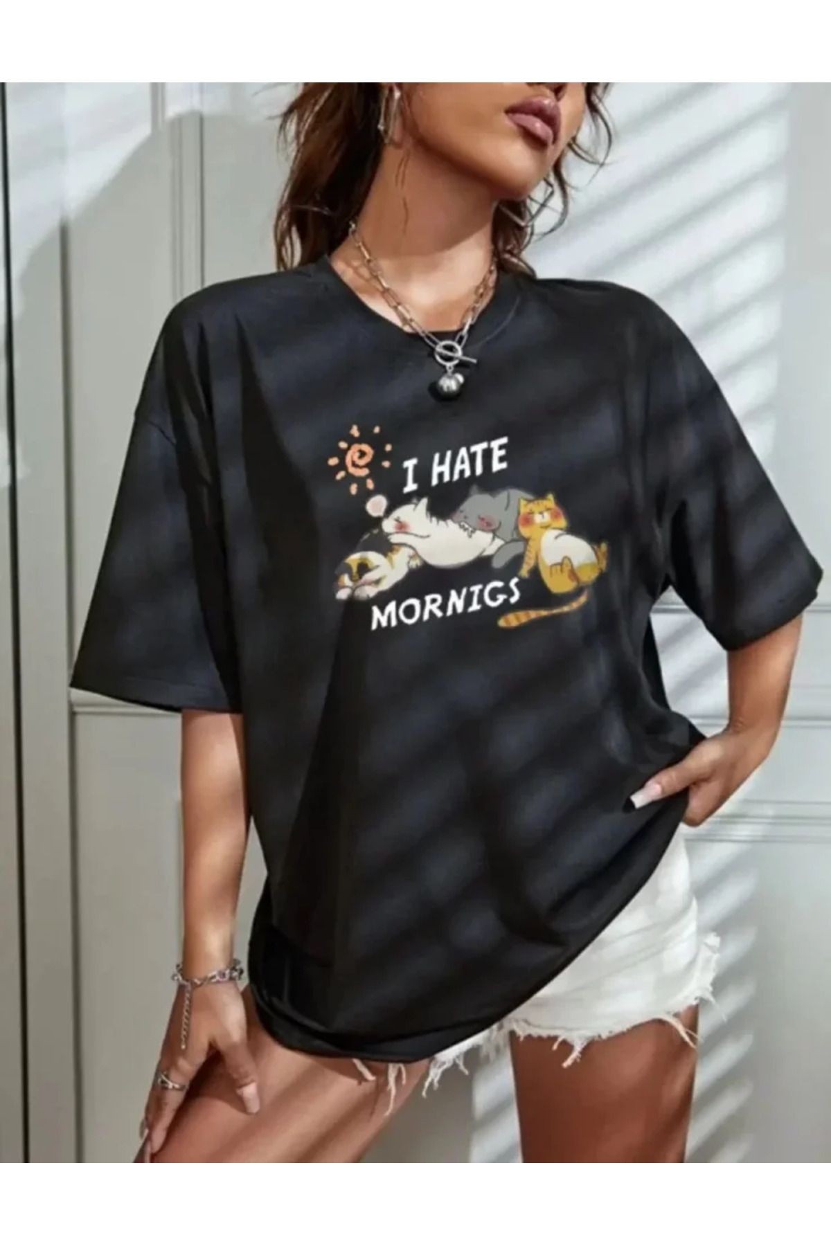 Bisiklet Yaka Baskılı Oversize T-Shirt - Siyah