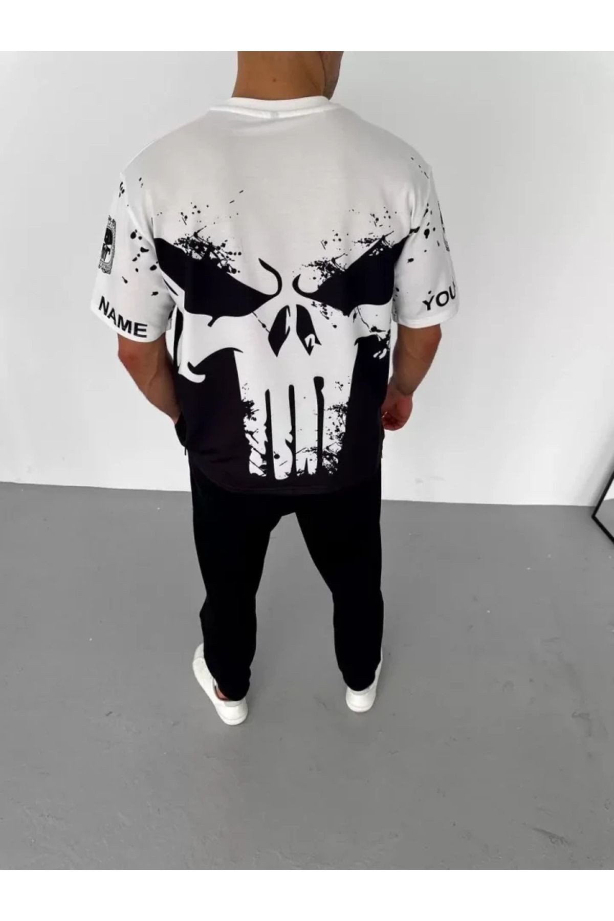 Unisex Bisiklet Yaka Baskılı Oversize T-Shirt - Beyaz