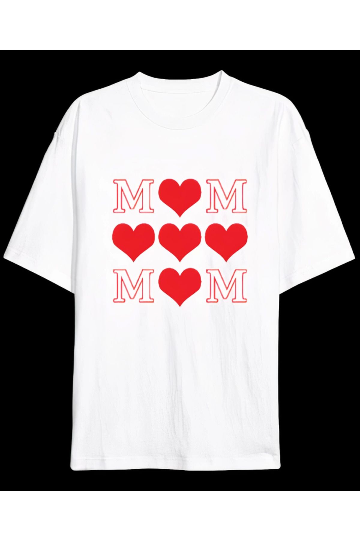 Anneler Gününe Özel Tasarım MOM Kalp Baskılı T-shirt - Beyaz
