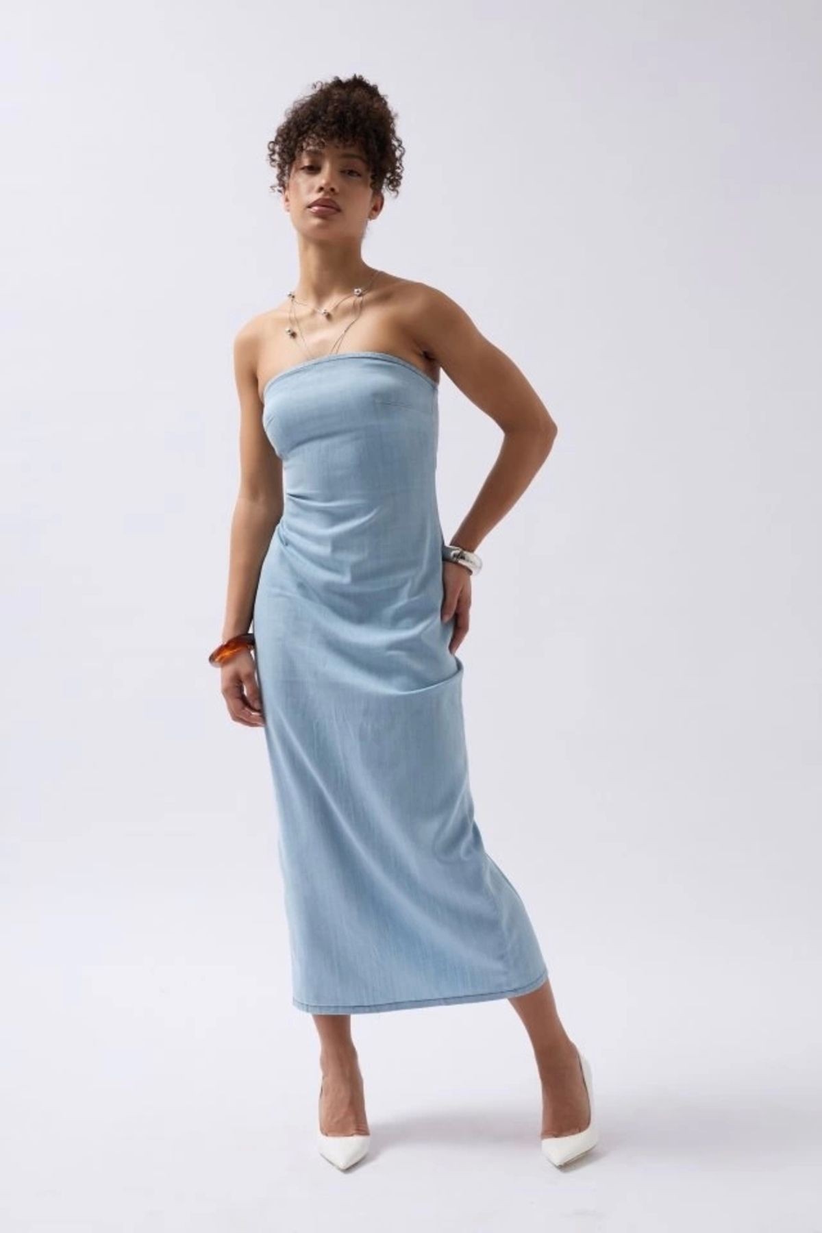 Straplez Denim Elbise