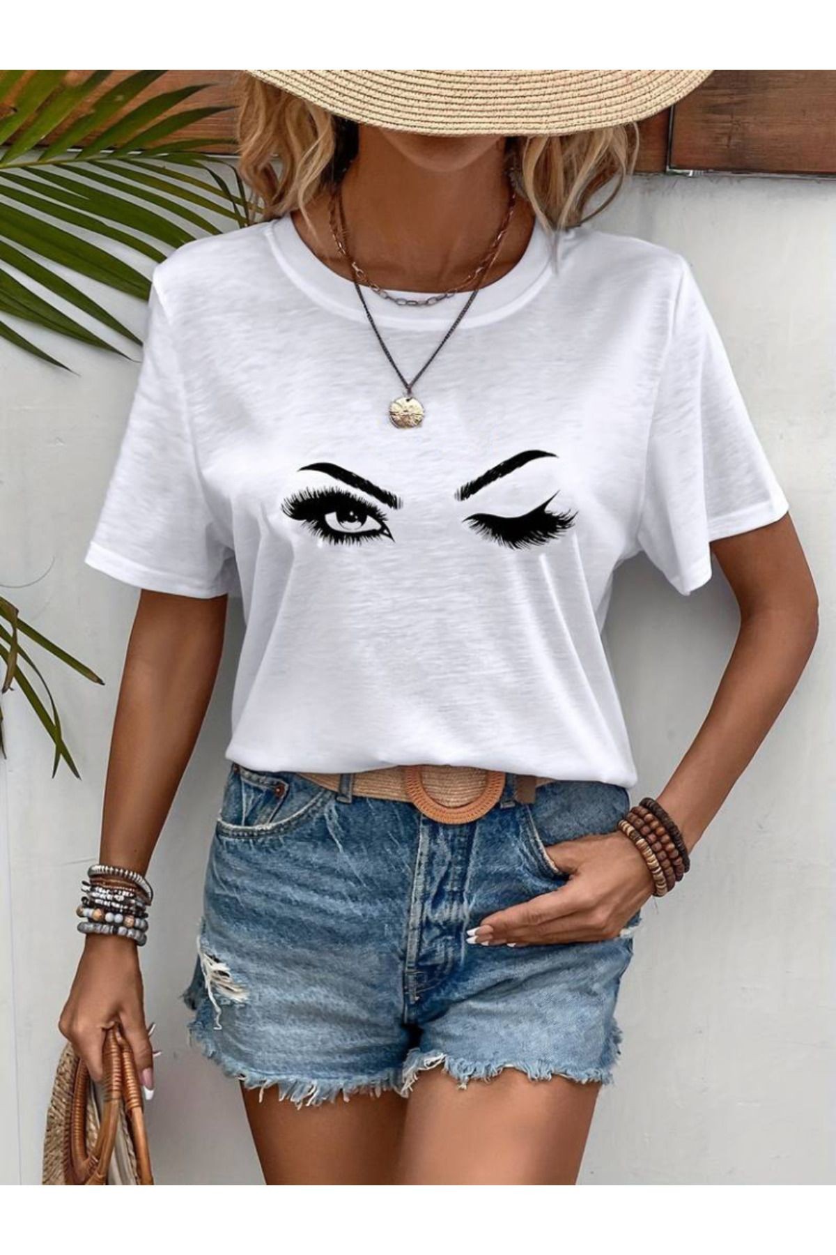 Kadın Kısa Kollu Bisiklet Yaka Göz Baskılı Süprem T-shirt