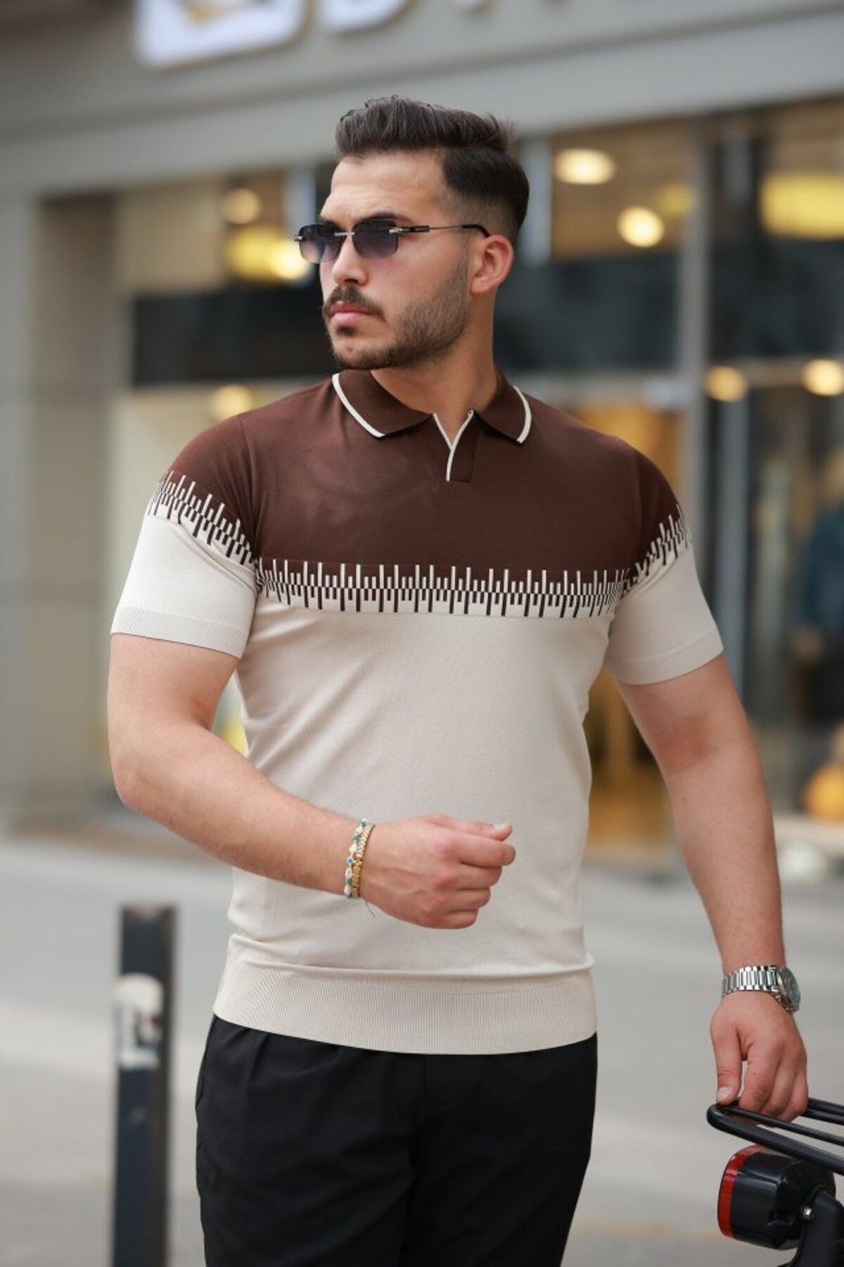 Mottisfashion Erkek Hemşire Yaka çift Renk Kısa Kollu Tişört
