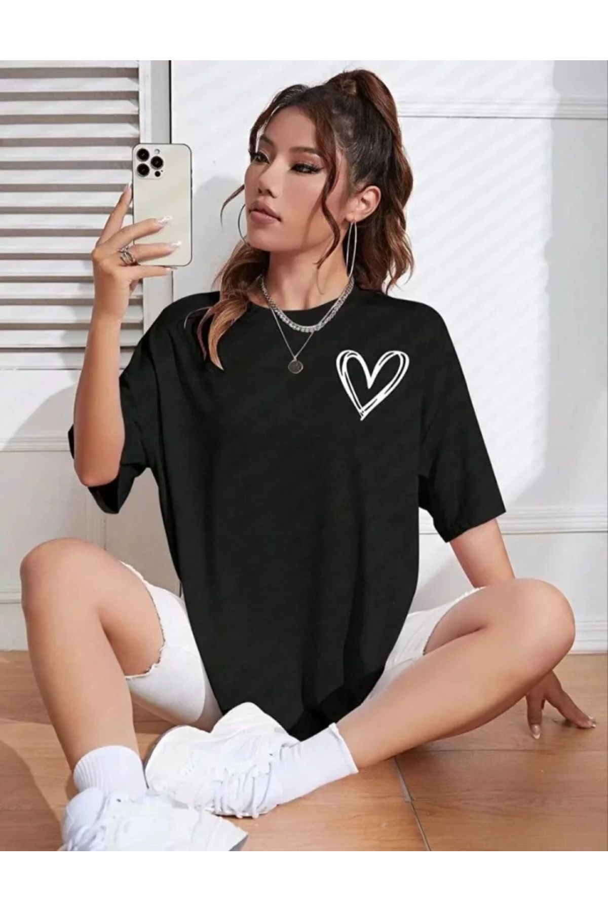 Bisiklet Yaka Baskılı Oversize T-Shirt - Siyah