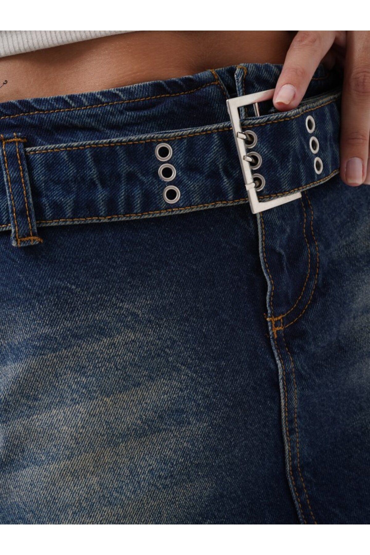 TİANA Kemer Detay Denim Mini Etek