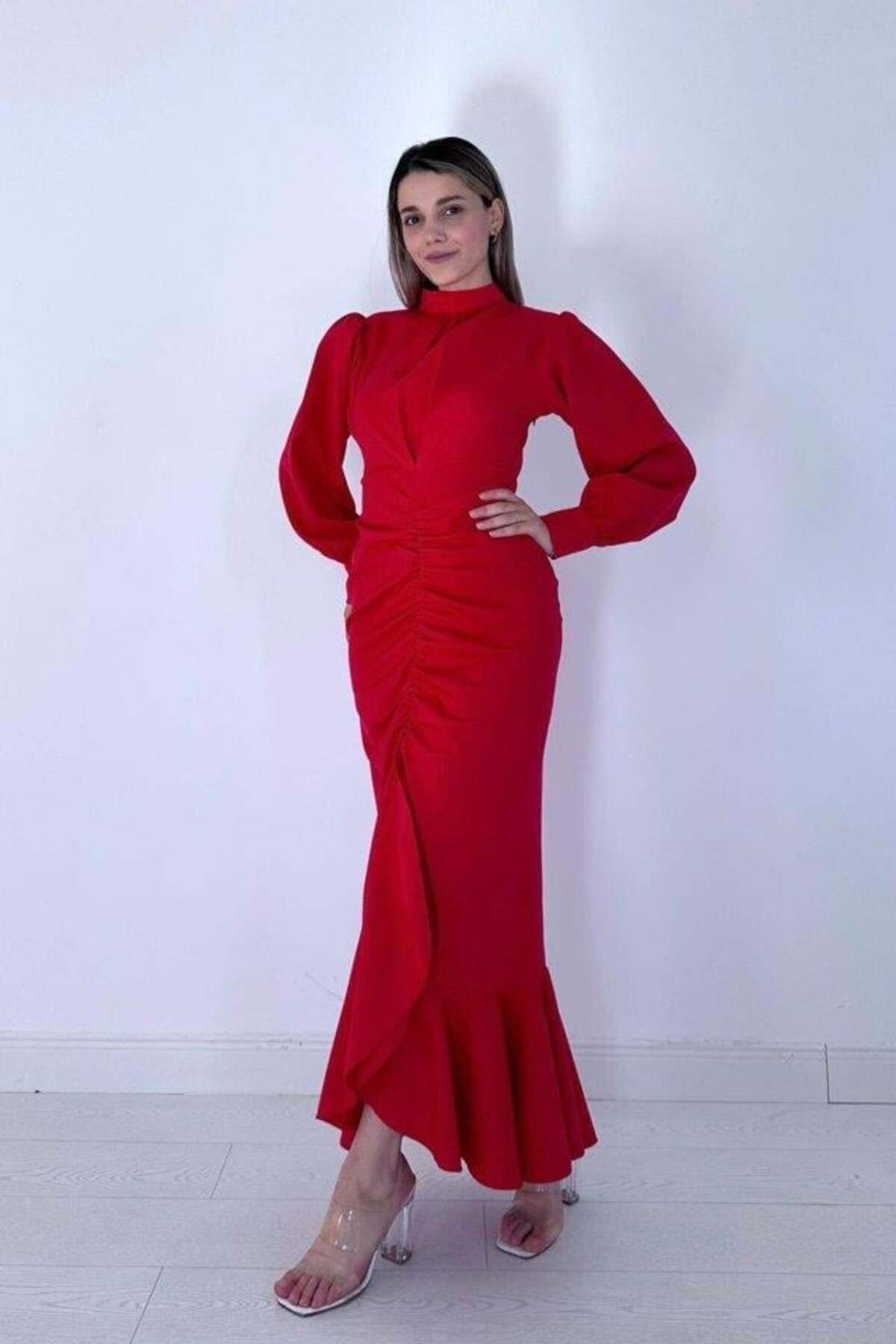 Kırmızı Volanlı Uzun Kol Elbise