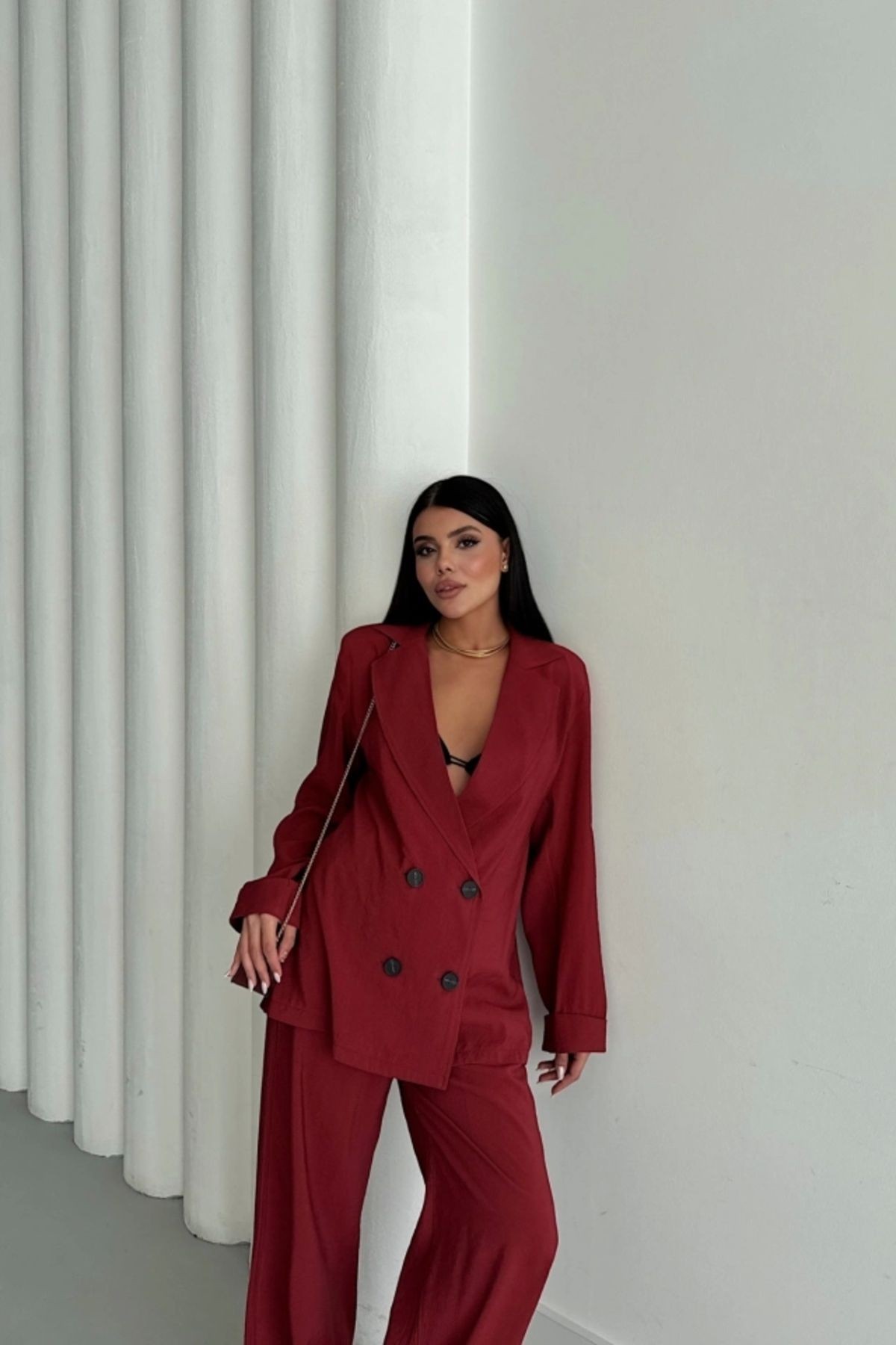 Modal 4 Düğme Astarsız Ceket - Pantolon Takım - Bordo