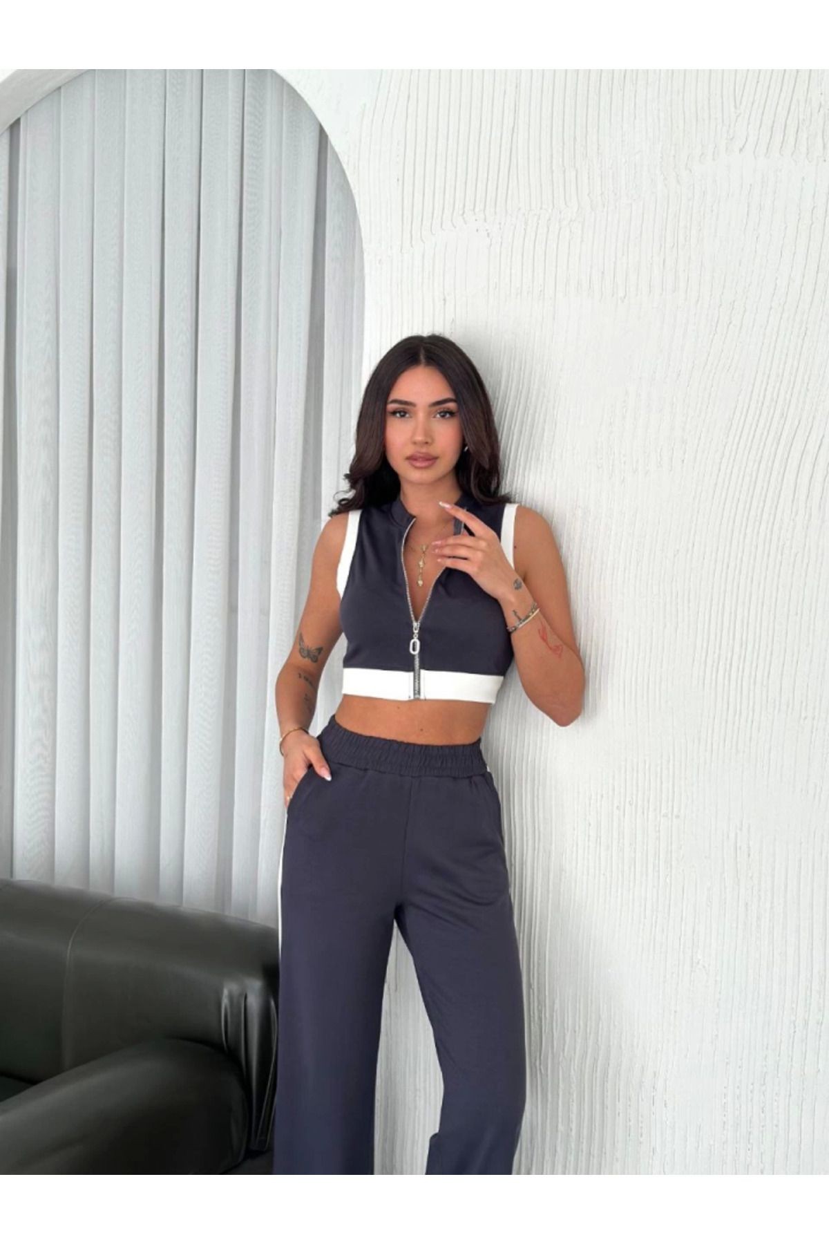 Osy Modal Yumuşak Dokulu Kumaş Tam Fermuarlı Crop Pantalon İkili Takım - Antrasit