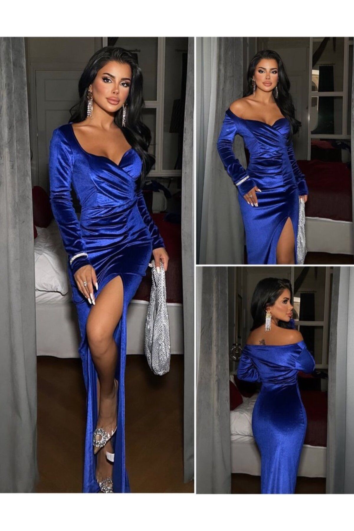 Kadın Kadife Kumaş Kalp Yaka Yırtmaç Detaylı Maxi Boy Elbise