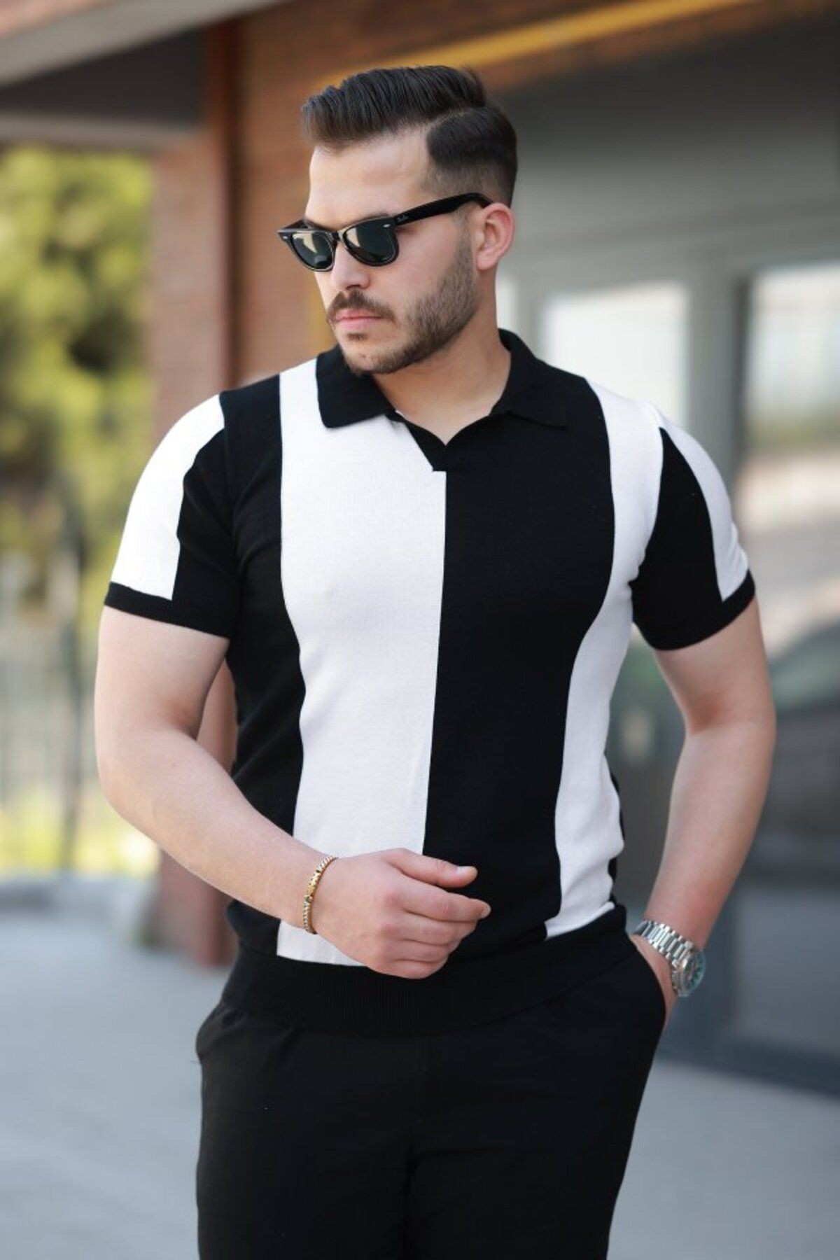 Erkek Kısa Kollu Polo Yakalı Blok Desenli Triko tişört