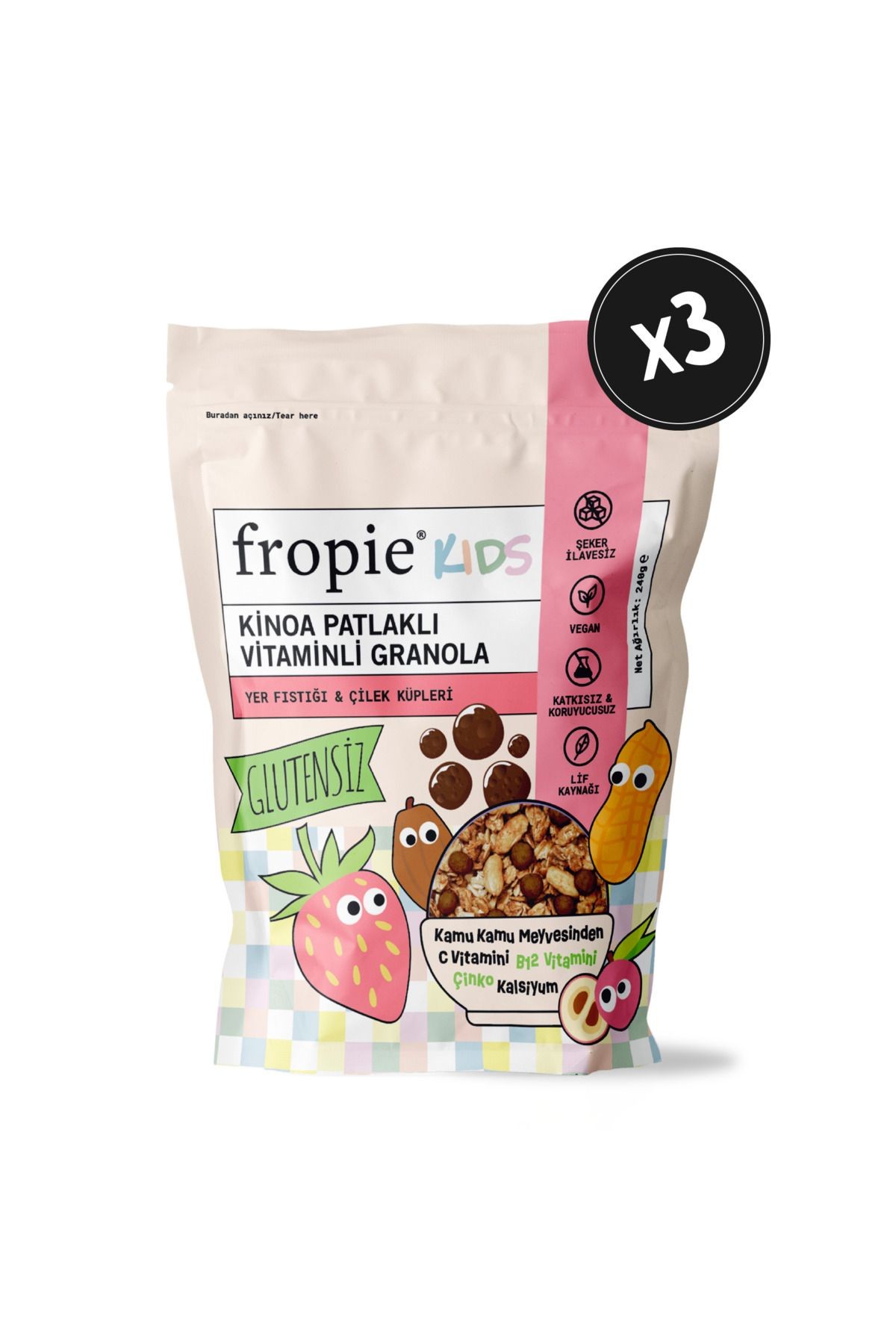 Kids Granola - Yer Fıstığı & Çilek Küpleri 240 Gr / 3 Adet