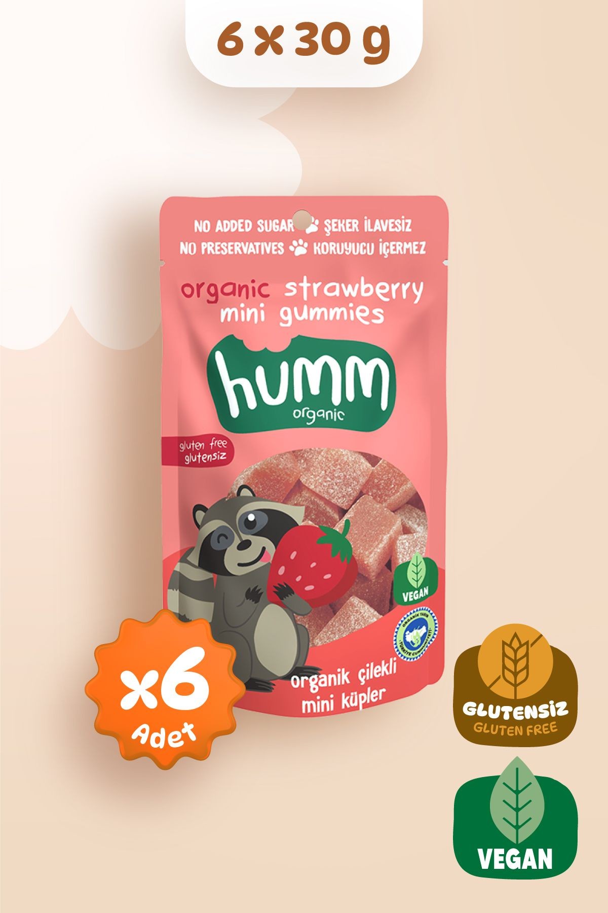 Organik Glutensiz Vegan Çilekli Mini Küpler Atıştırmalık Paketi - 6 Adet