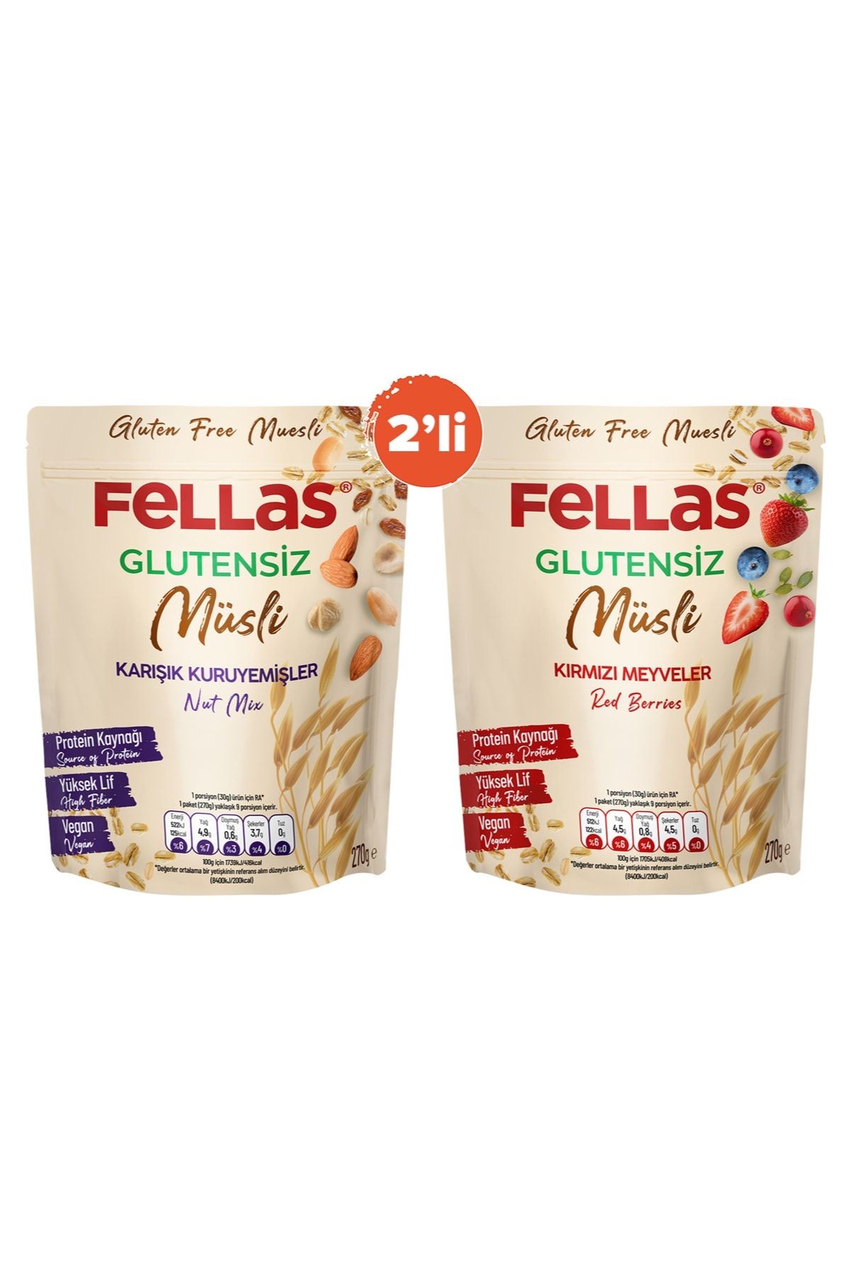Glutensiz Müsli 2'li - Kırmızı Meyveli 270g + Karışık Kuruyemişli 270g
