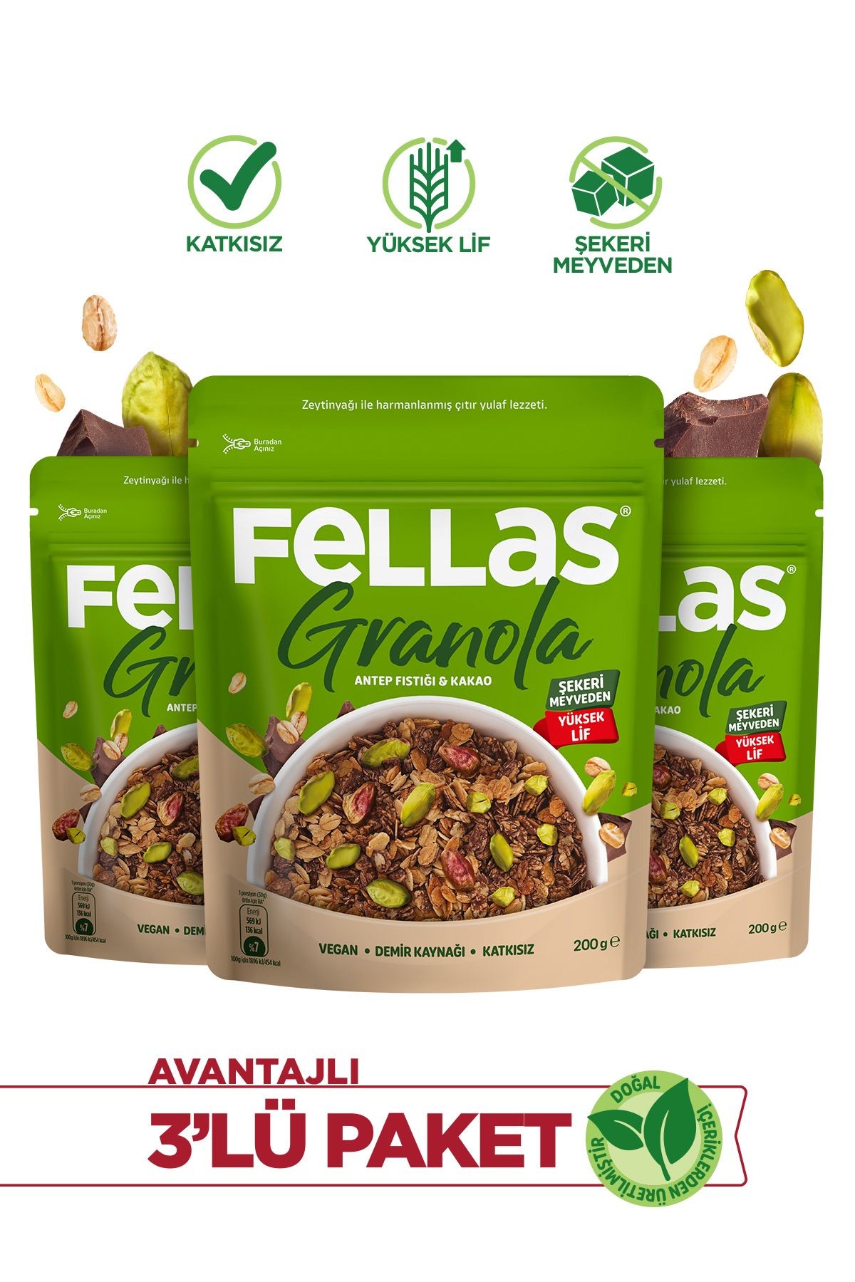 Granola - Antep Fıstıklı & Kakaolu 200g 3'lü Paket