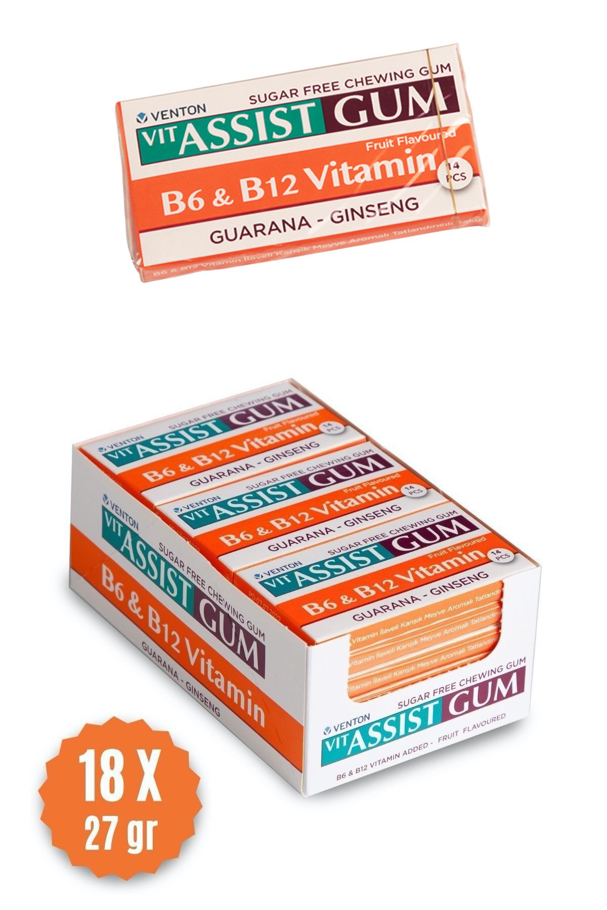 Vit-assist Gum B6 Ve B12 Vitamini Ilaveli Tatlandırıcılı Şekersiz Sakız