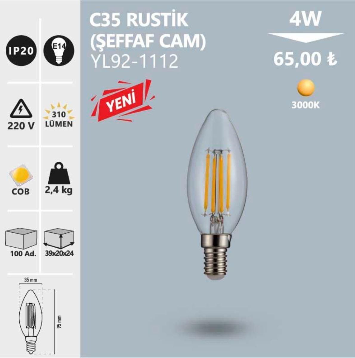 NOAS 4W C35 RUSTIK AMPUL 3000K- E14 cover pic