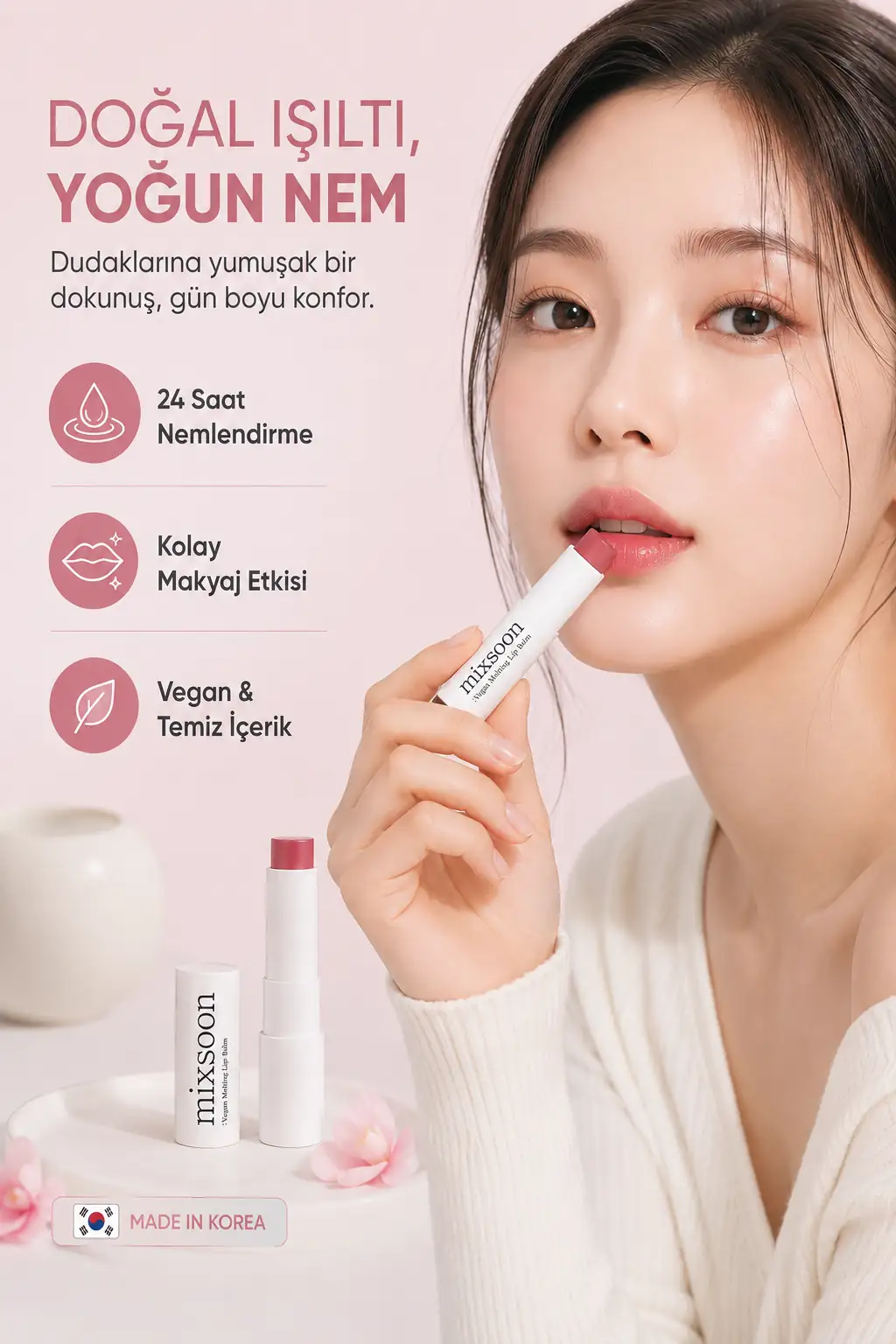 Mixsoon Vegan Melting Lip Balm 4gr | Şeffaf & Gül Kurusu | Kiyoko