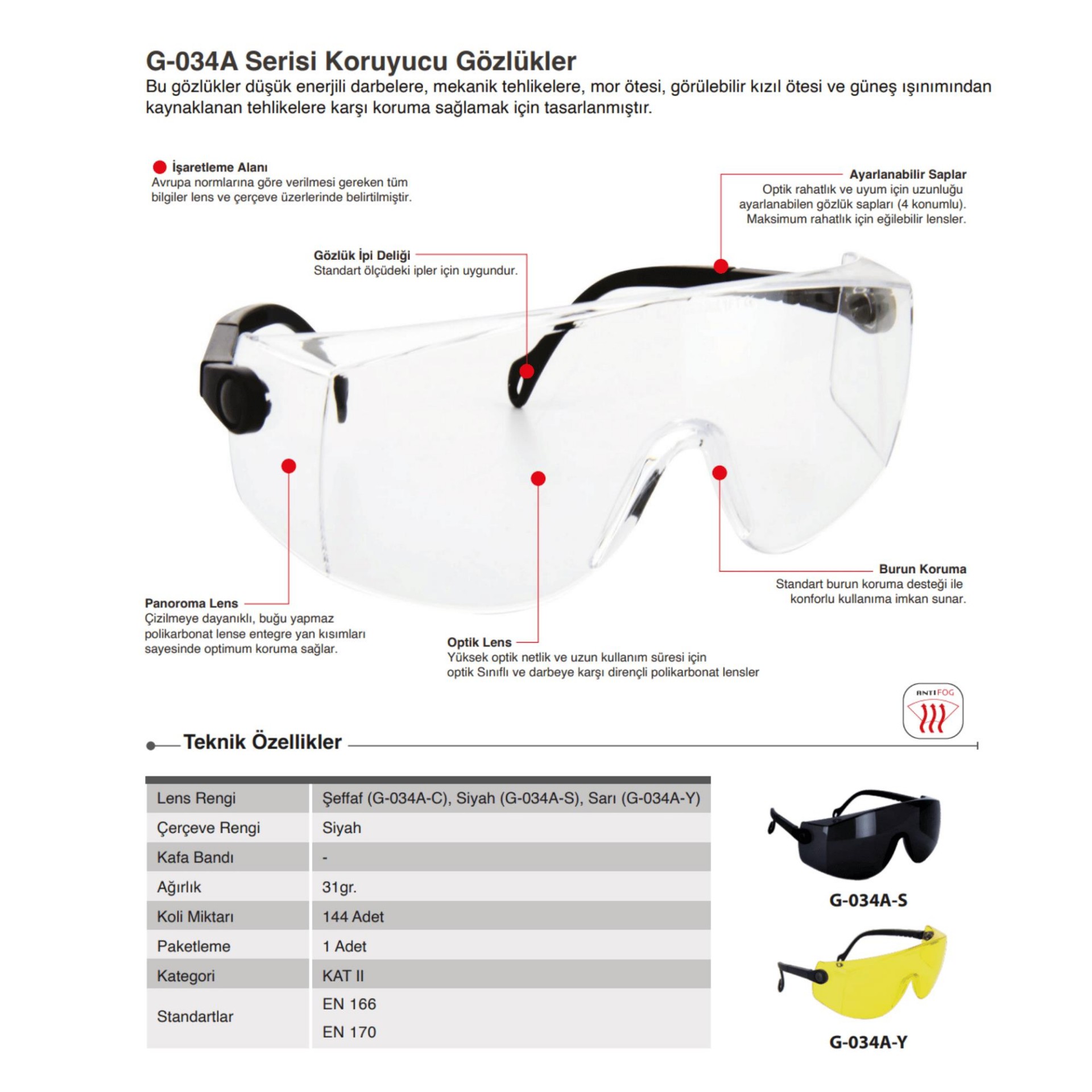 Starline G-034A-S Füme Siyah Çerçeveli Antifog Özellikli Burun Korumalı Gözlük