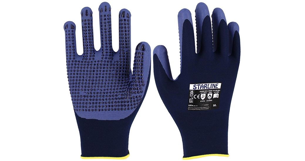 Starline STL-1304 1/2 Mikro Köpük Nitril Kaplı Naylon Astarlı Avuç İçi Tırtıklı Eldiven A Kesilmez 100° Isı Temasına Dayanıklı Eldiven
