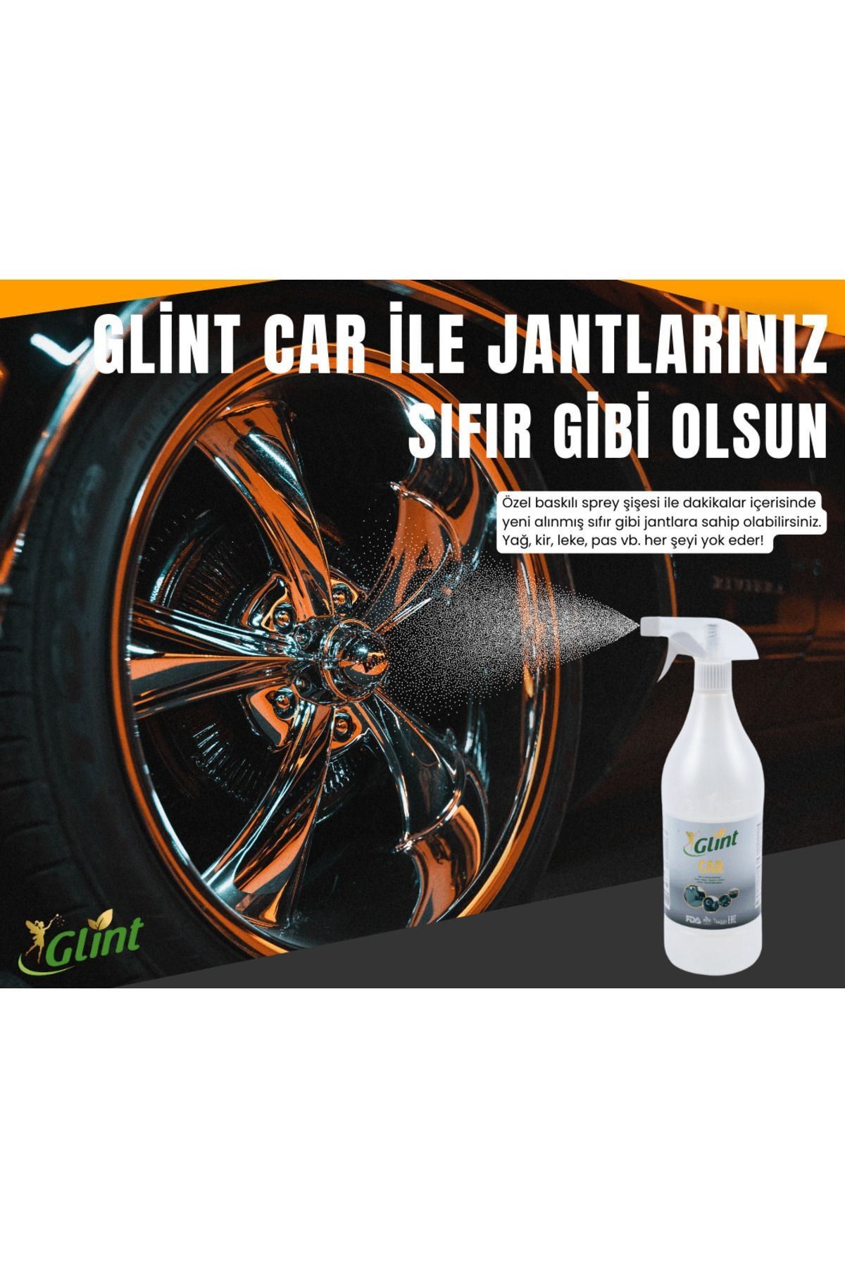 Glint Car 1 Litre %100 Bitkisel Çok Amaçlı Oto Temizleyici Araç Far Koltuk Paspas Temizleme Jant Parlatıcı