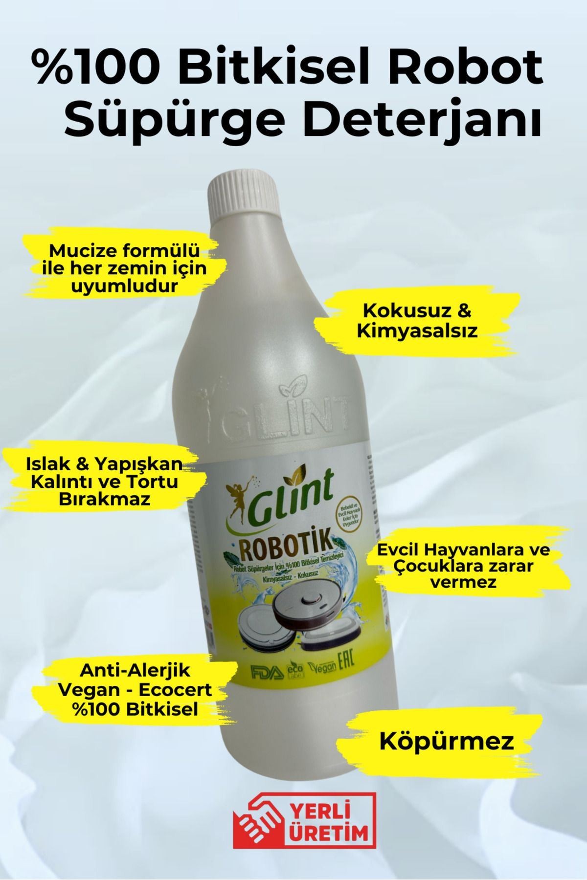 Glint Robotik 1 Litre %100 Bitkisel Akıllı Robot Süpürge Deterjanı Yerli Üretim Temizleyici