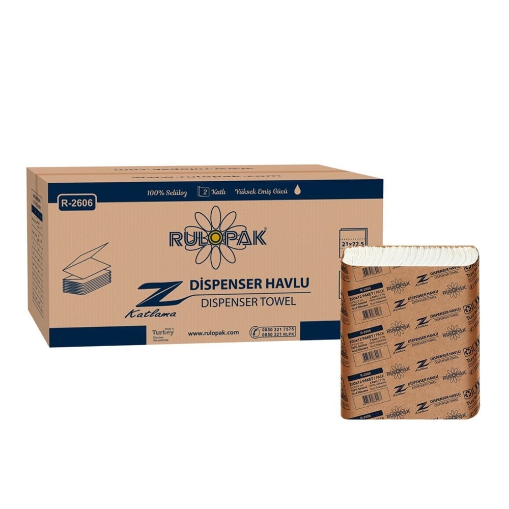 Rulopak Z Katlama Havlu Kağıt 2 Katlı 200 Yaprak 12'Li Paket