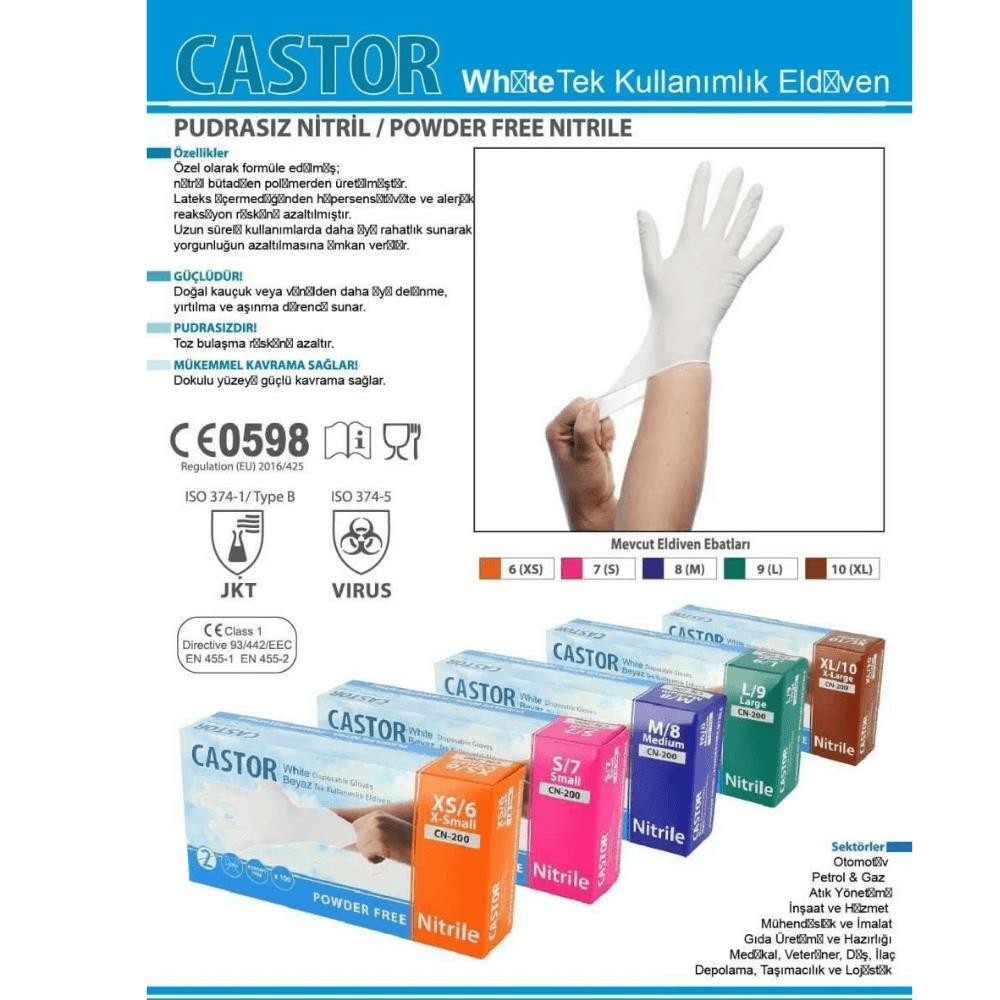 Starline Castor CN-200 Pudrasız Mavi Nitril Kullan At Muayene Eldiveni Mavi