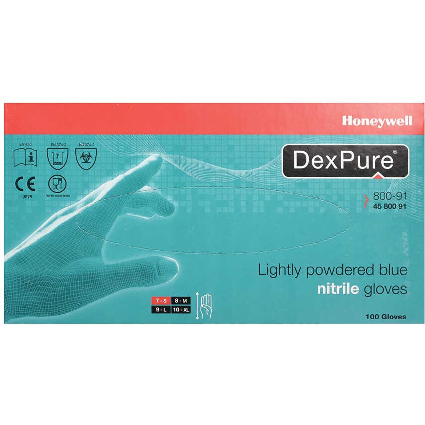 Honeywell 4580081 DexPure 800-81, Mavi Nitril, Pudrasız, EN ISO 374-5 (Mikroorganizmalara Karşı Koruma), Gıda Sertifikalı
