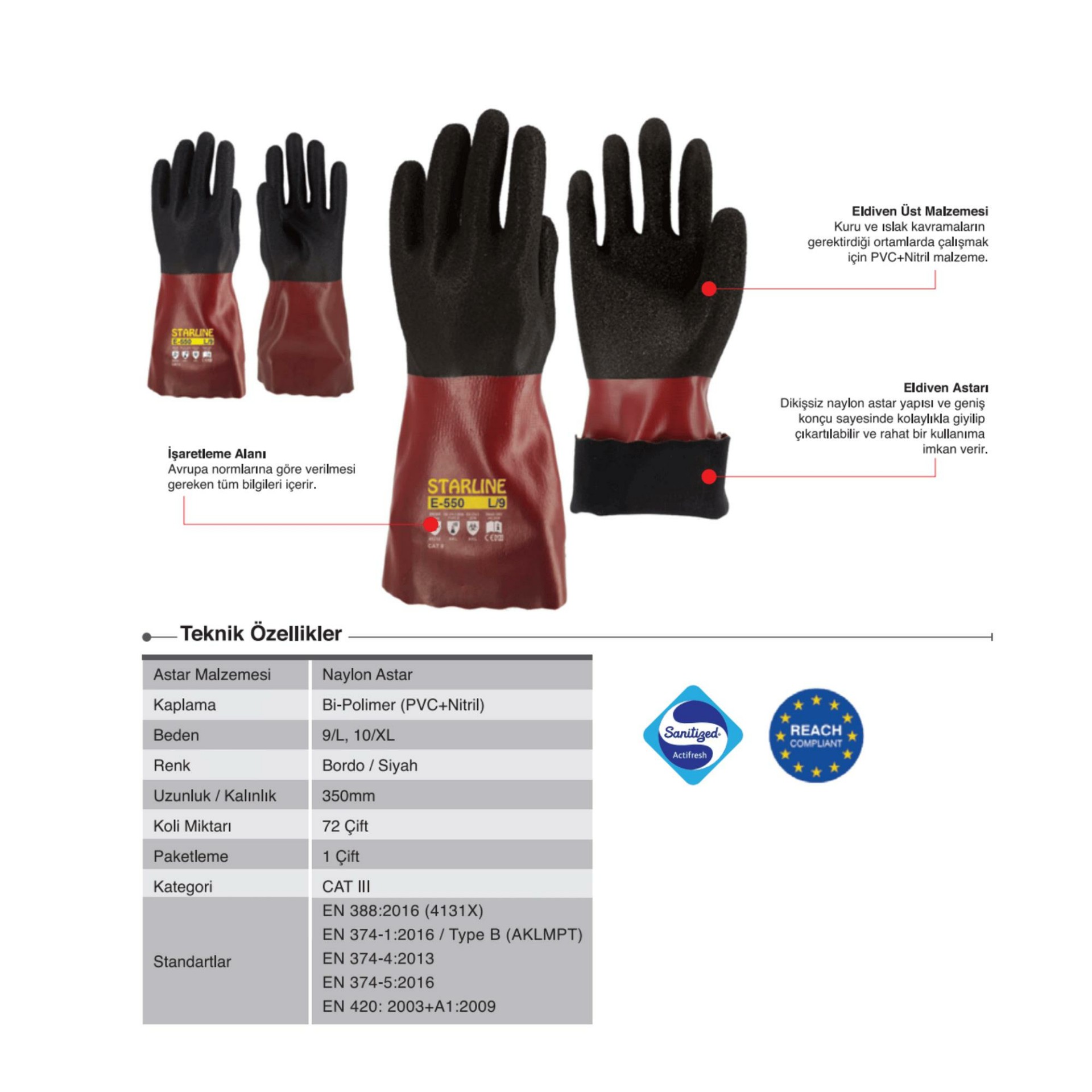 Starline E-550 Bi-Polimer Kimyasal Daynımlı KAUÇUK KORUYUCU İŞ ELDİVENİ